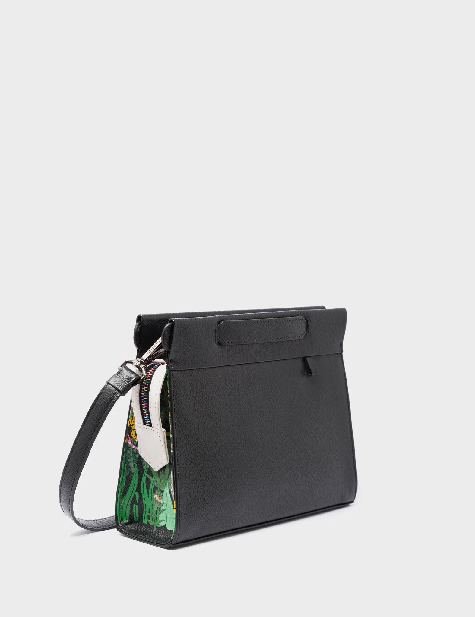 Vali Crossbody Small Black Leather Bag - El Tropico Print Design