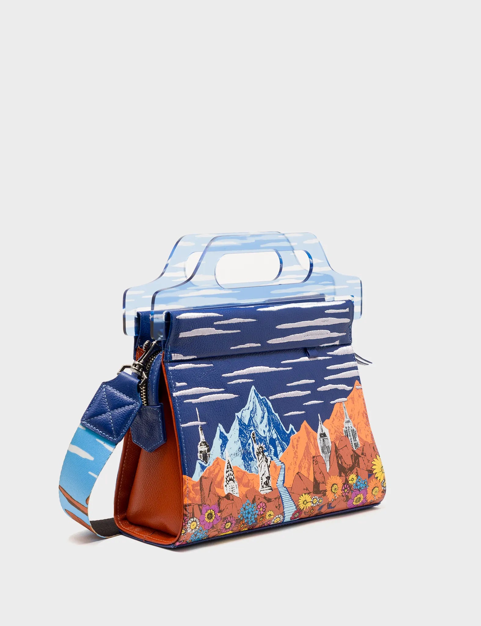 Blue Leather Crossbody Handbag Plastic Handle - Mountains, Flowers and Clouds Design
