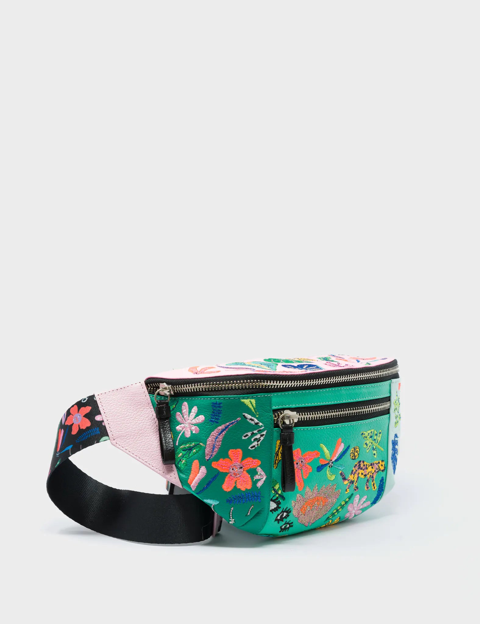 Harold Fanny Pack Green And Lilac Leather - El Trópico Embroidery Design