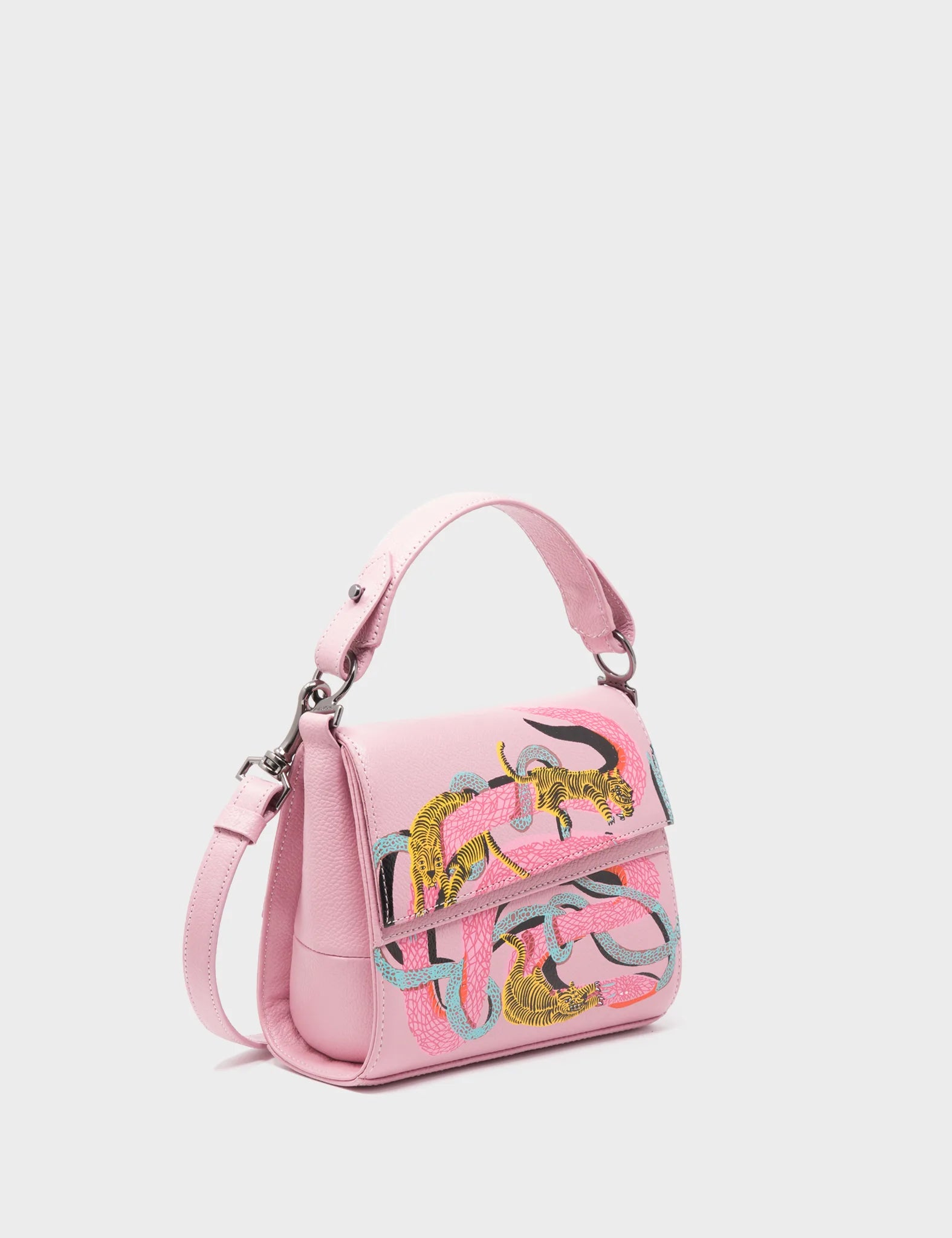 Micro Crossbody Handbag Blush Pink Leather Tiger and Snake Print