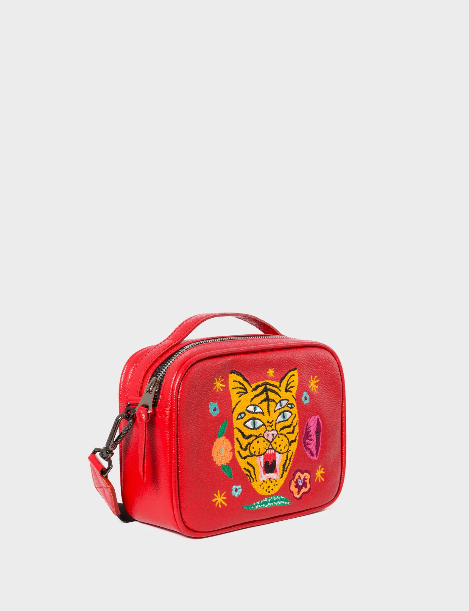 Verto Jester Red Leather Crossbody Bag - Happy Tiger Embroidery