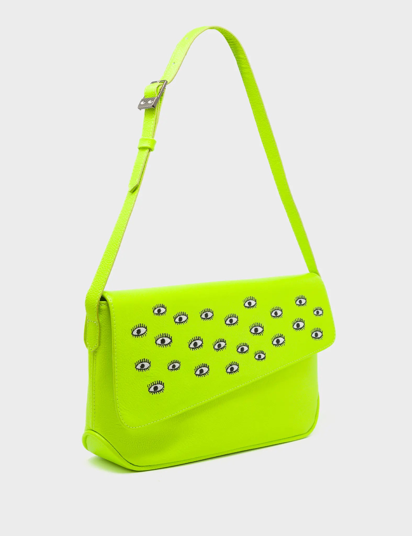 Bruno Medium Neon Yellow Leather Shoulder Bag All Over Eyes Embroide Min Mon