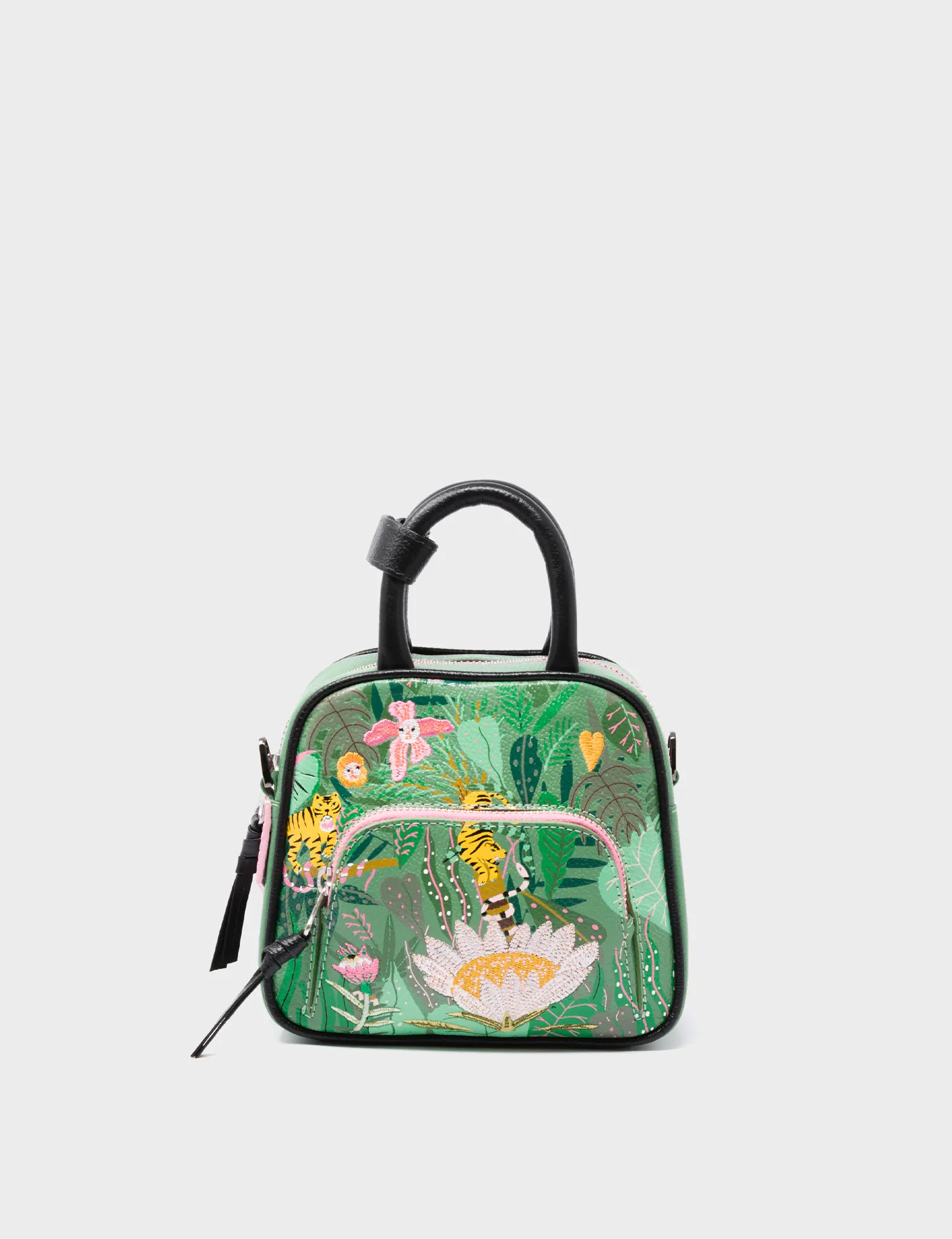 Marino Mini Crossbody Green Leather Bag - El Tropico Print & Embroidery Design - Front
