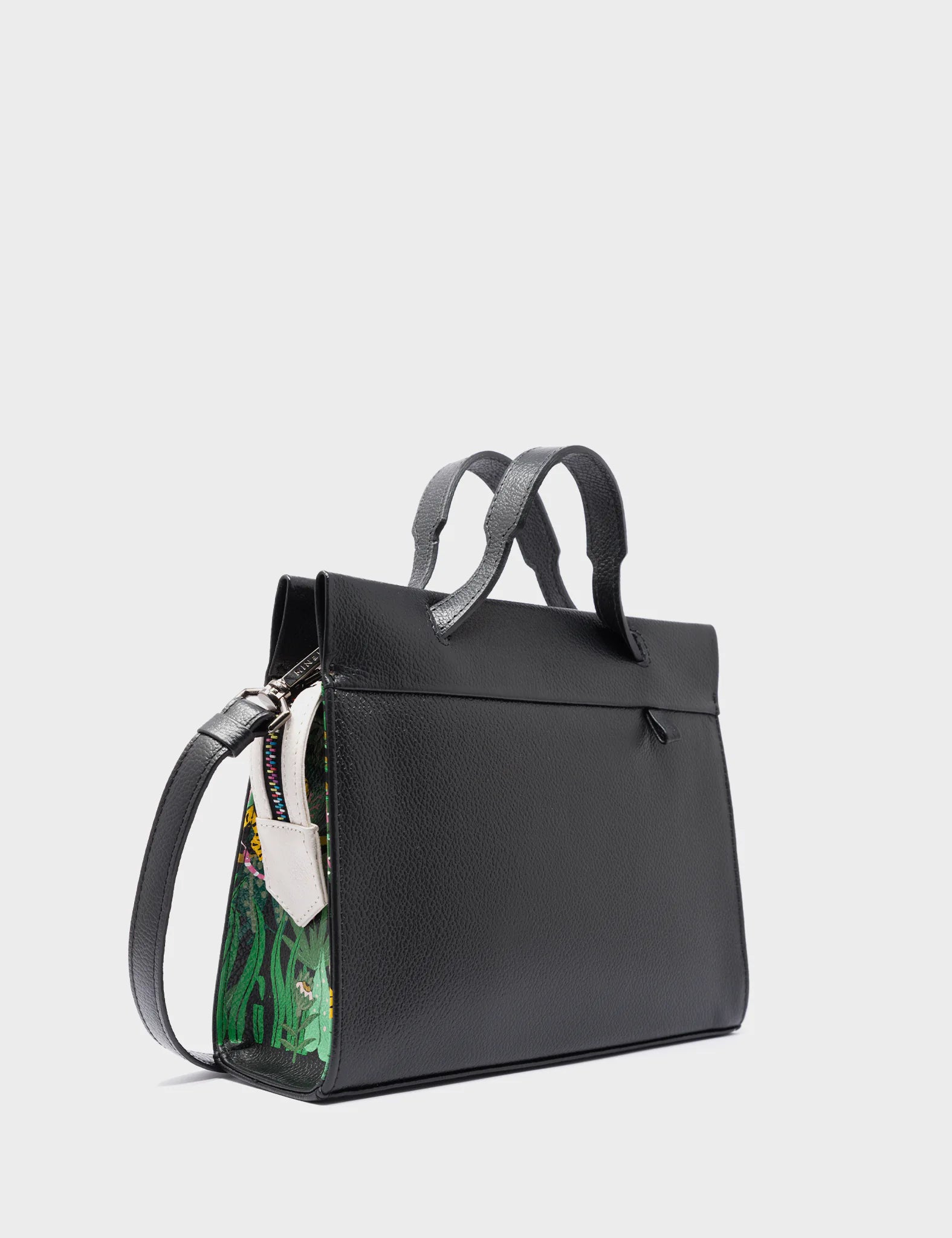 Vali Crossbody Small Black Leather Bag - El Tropico Print Design - top handles 