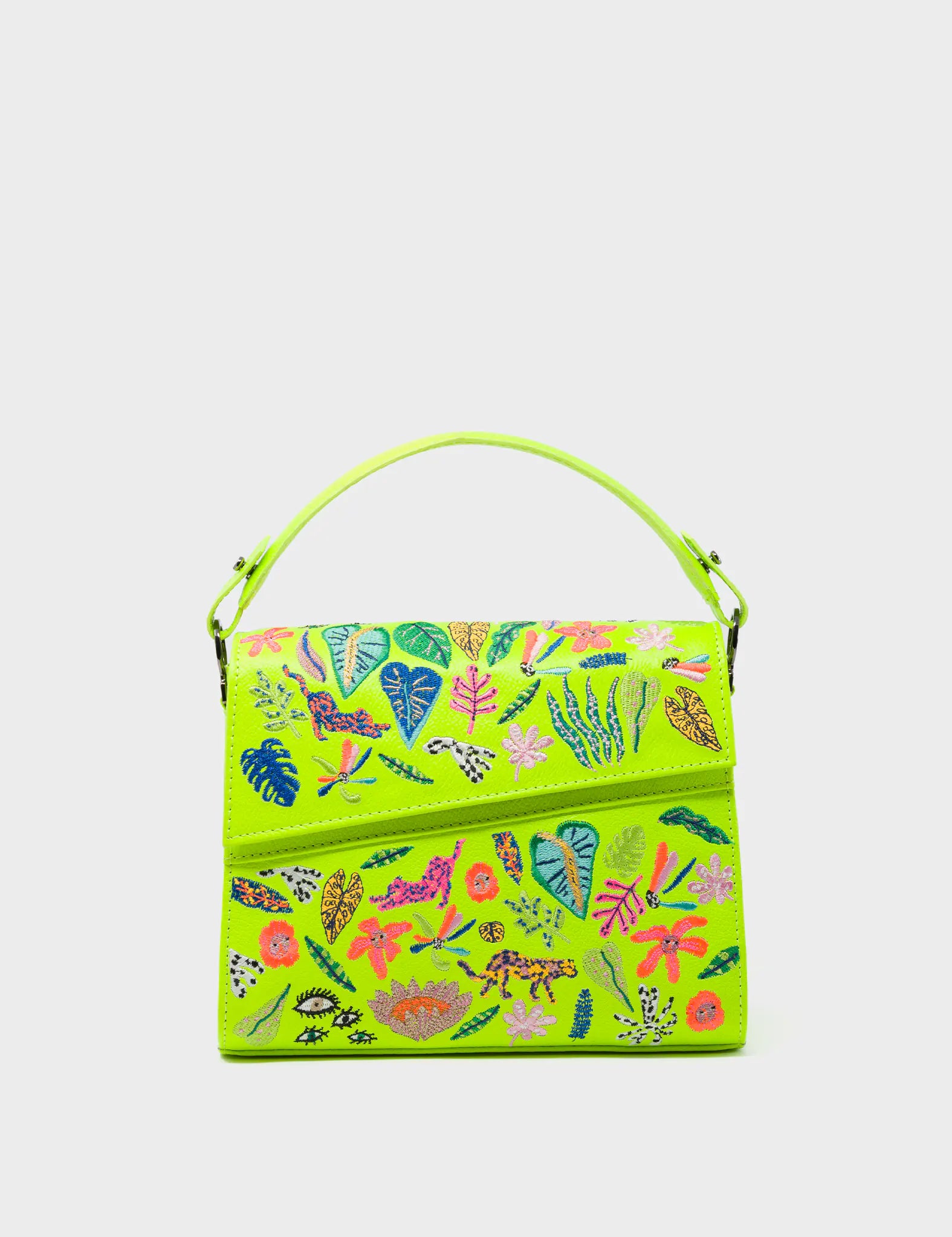Anastasio Mini Crossbody Handbag Neon Yellow Leather - El Trópico Embroidery Design - Front