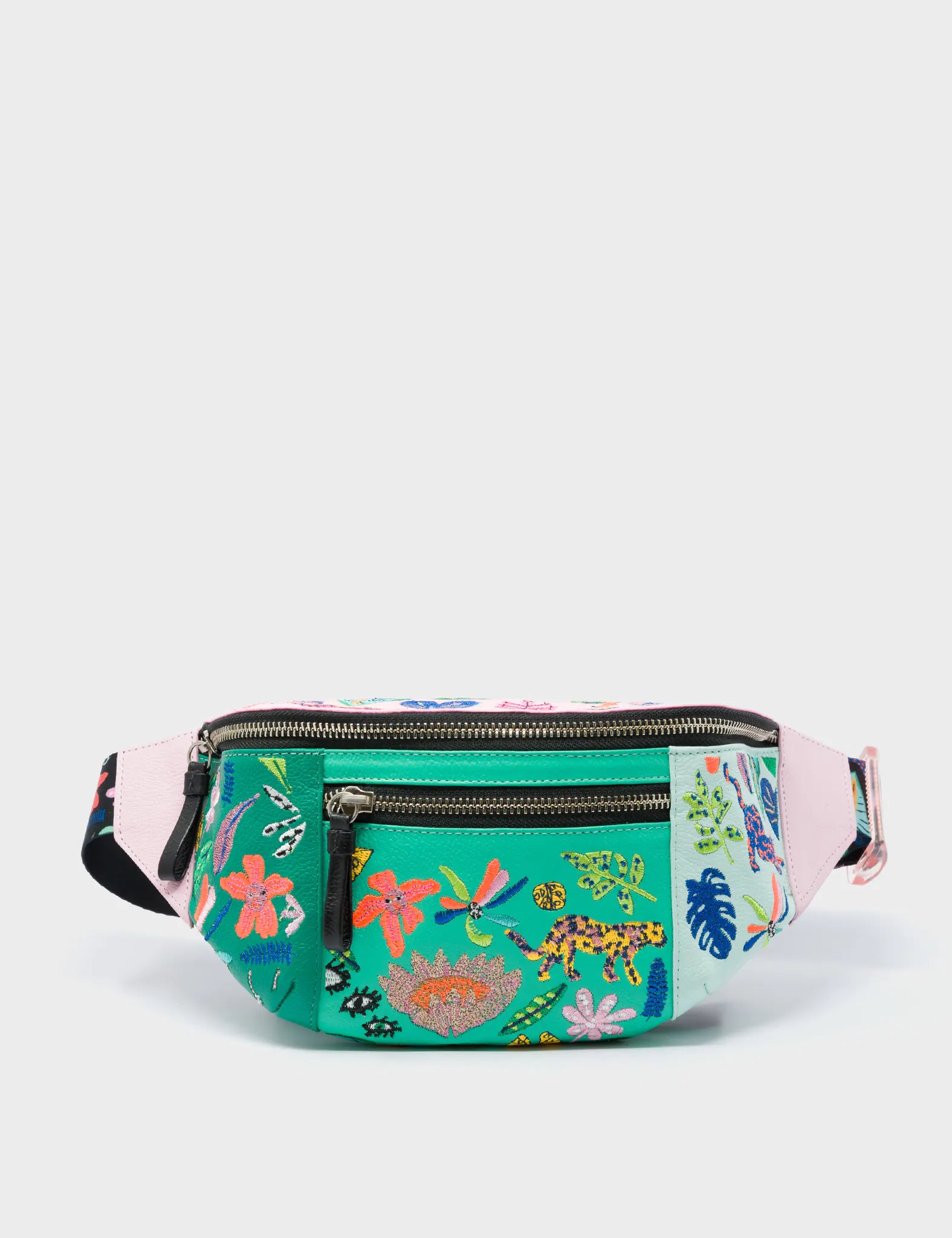 Harold Fanny Pack Green And Lilac Leather - El Trópico Embroidery Design - Front