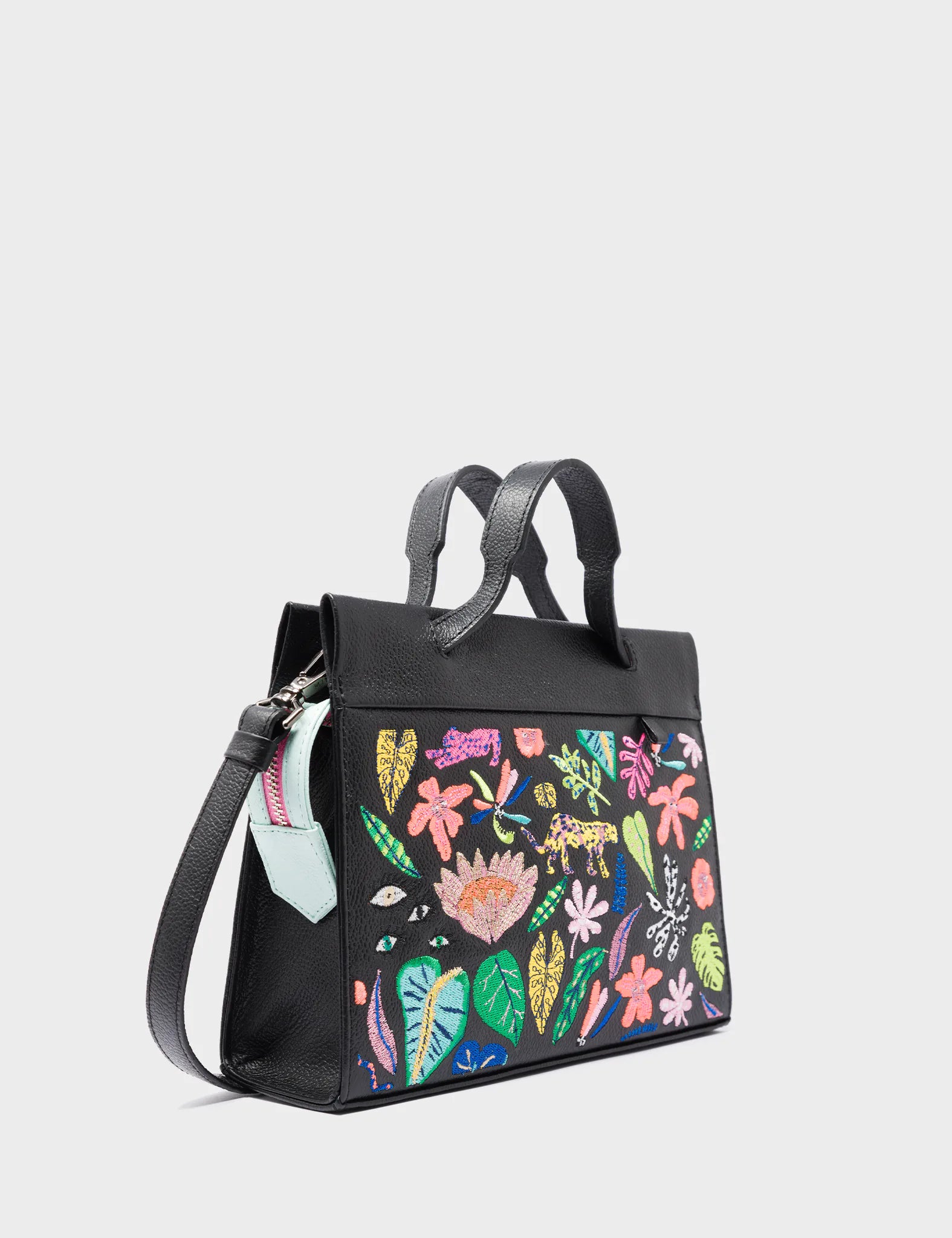 Vali Crossbody Small Black Leather Bag - El Tropico Print and Embroidery Design - Handles Up