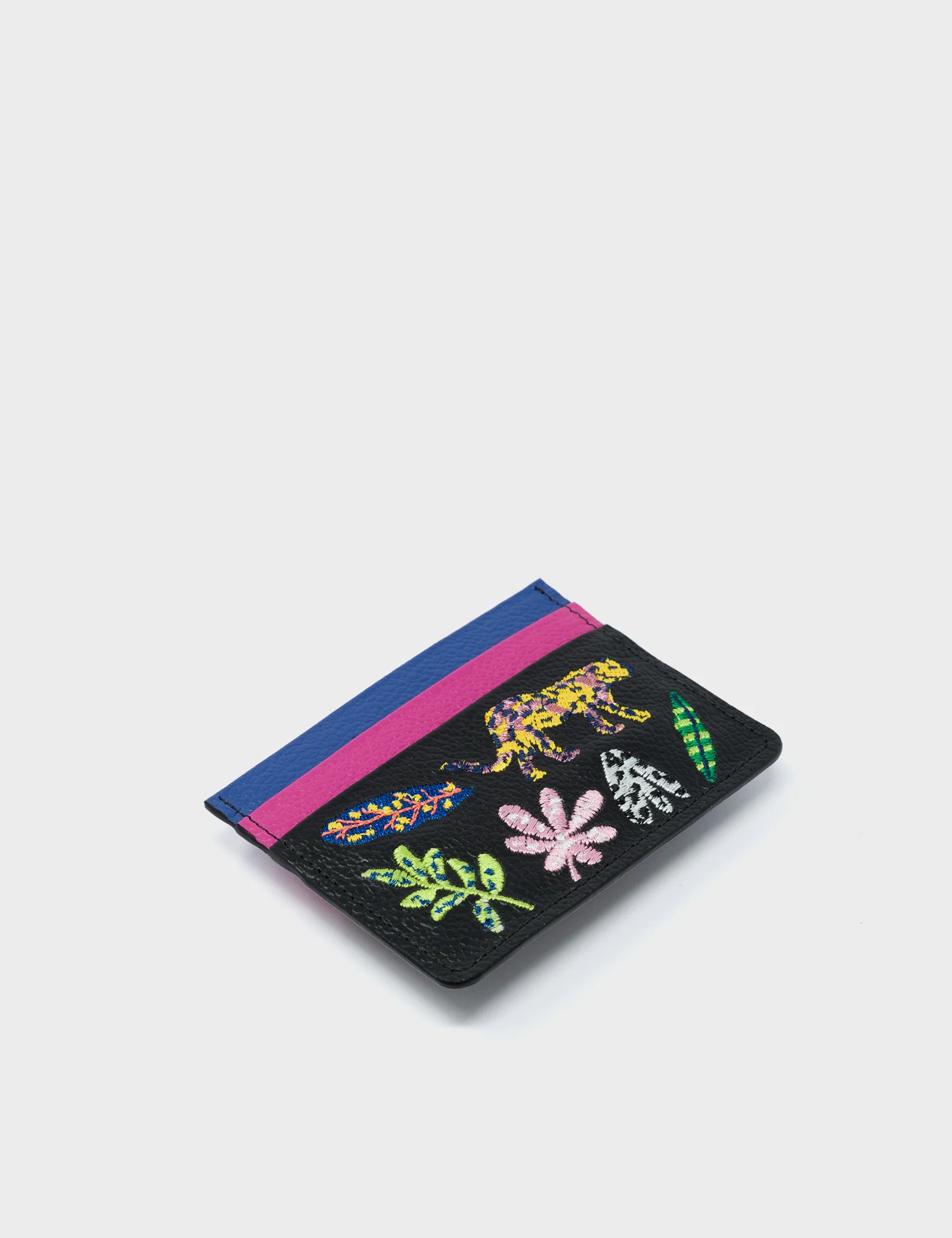 Filium Black and Violet Leather Cardholder - El Trópico Embroidery Design - Side