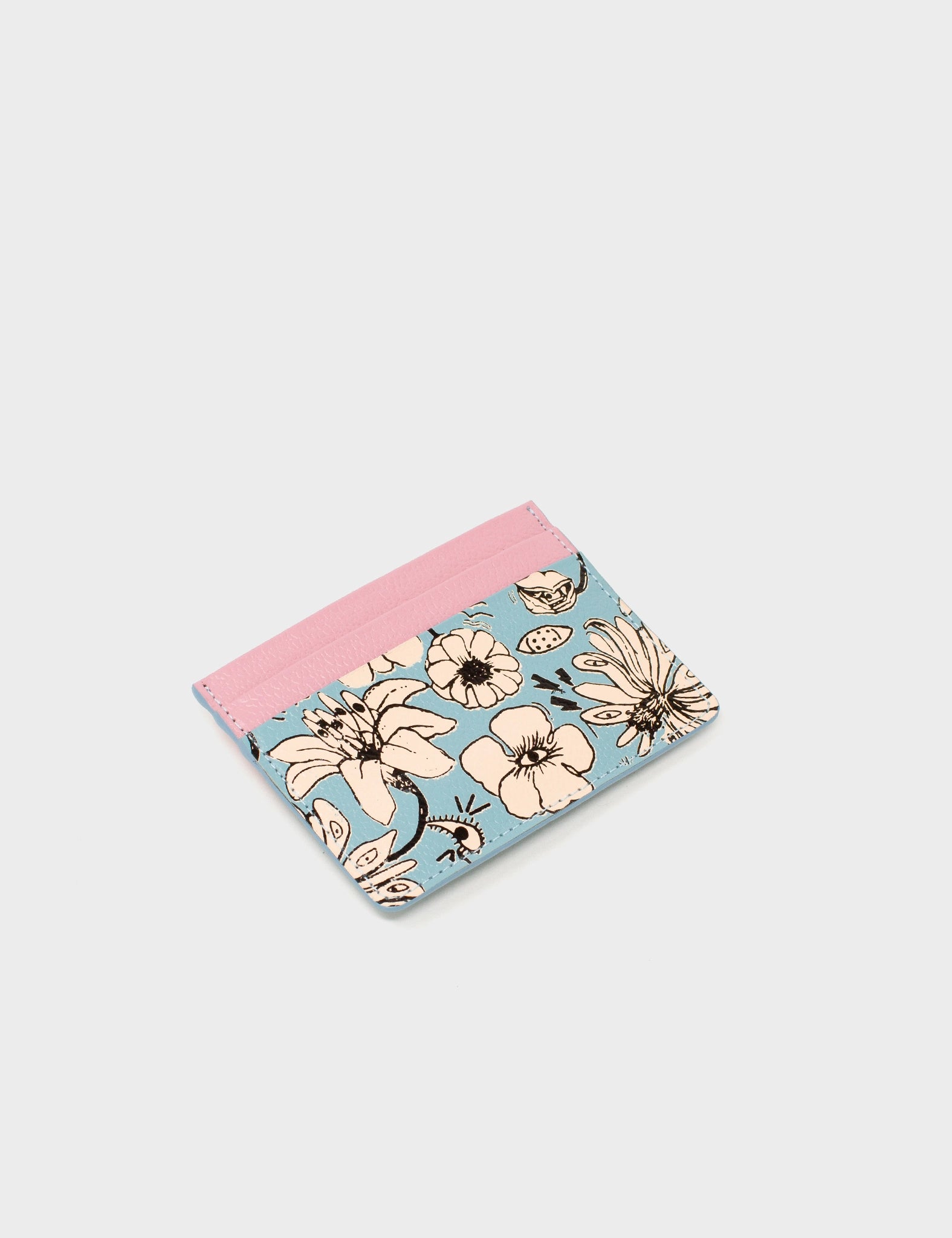Cameo Blue And Blush Pink Leather Cardholder - Floral Print - Side 