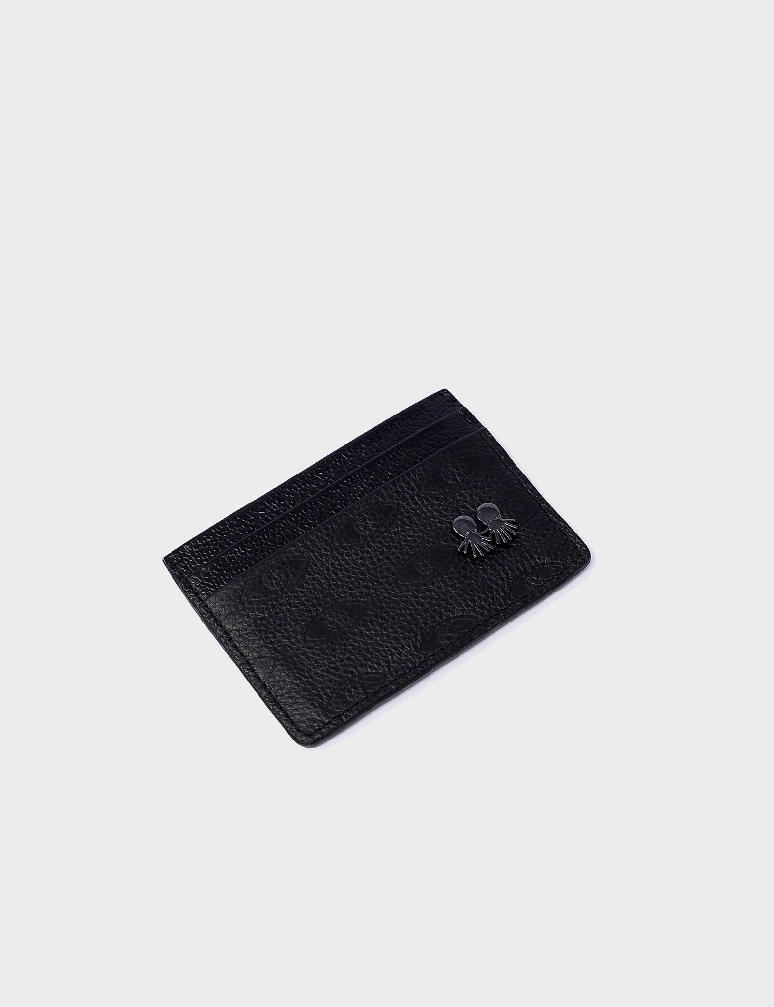 Filium Wallet Black Leather Cardholder - Eyes Pattern Debossed - Side 