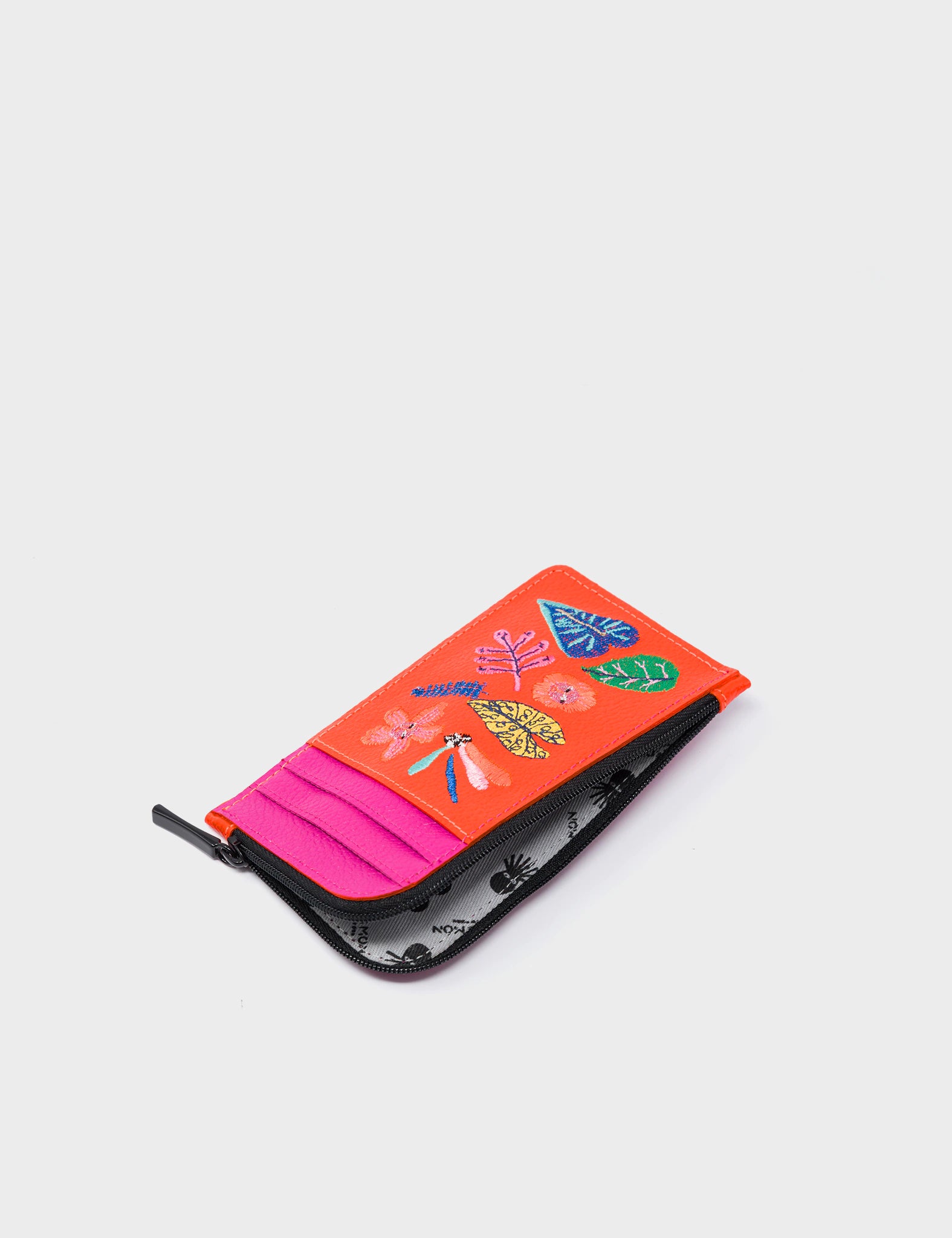 Fausto Vermillion Orange Leather  Zip-around Cardholder - El Trópico Embroidery Design - Inside