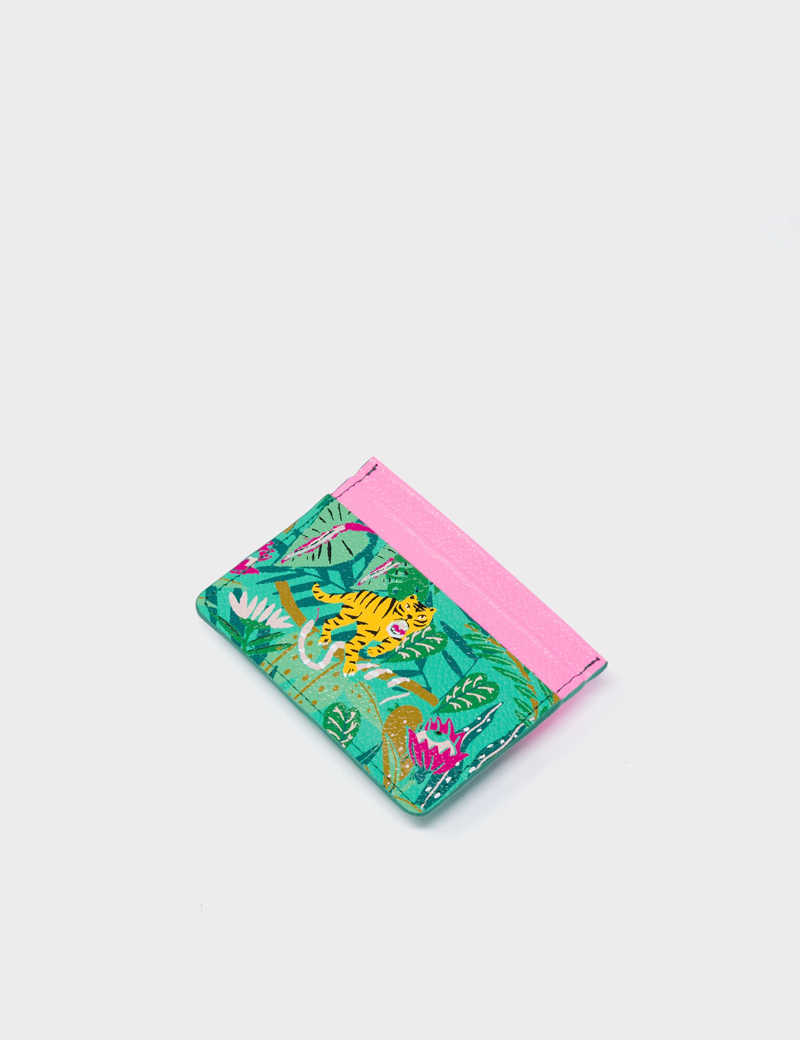 Filium Biscay Green And Rose Pink Leather Cardholder - el Trópico Print Design - Side