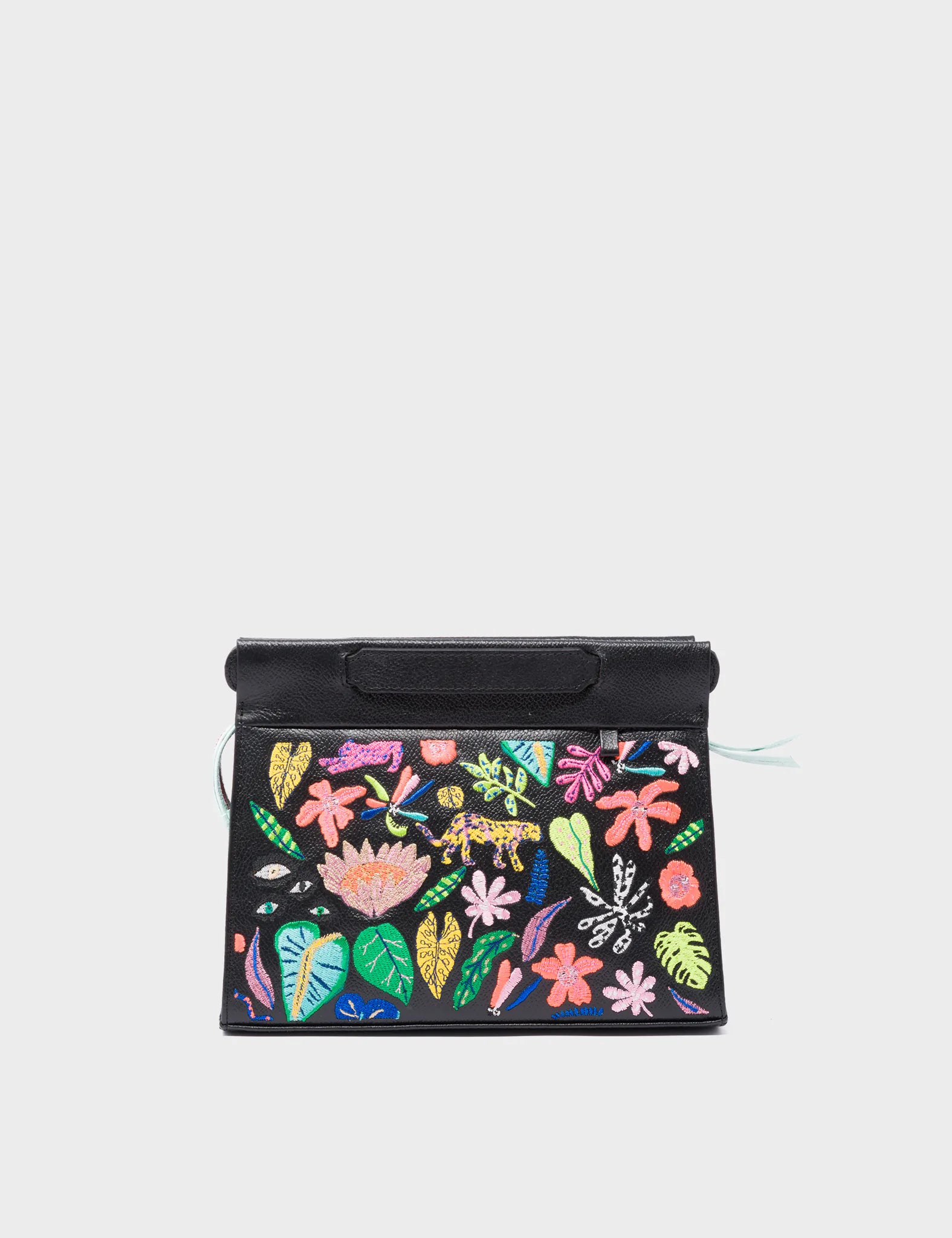 Vali Crossbody Small Black Leather Bag - El Tropico Print and Embroidery Design - Front