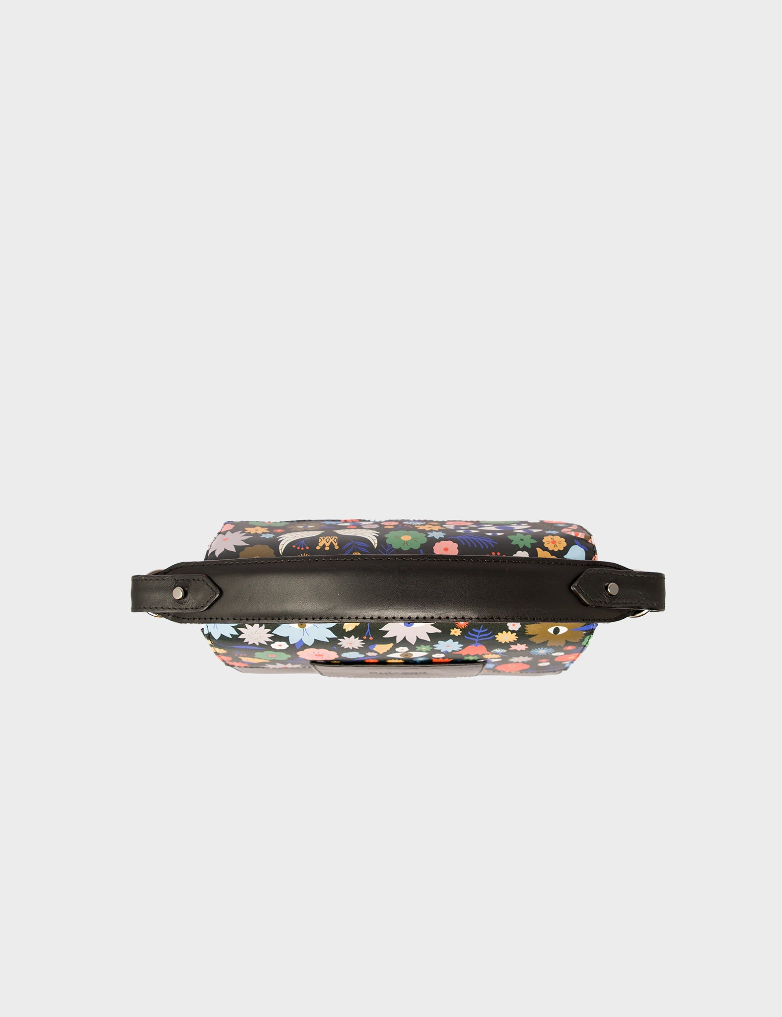Mini Crossbody Handbag Manhattan Black Leather - Flowers Pattern Print - Top