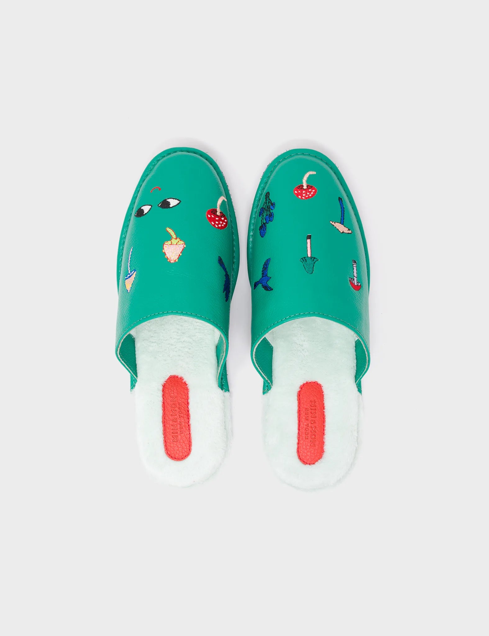 Deep Green Leather Slippers - Fungi, Birds & Smiley Face Embroidery - Top