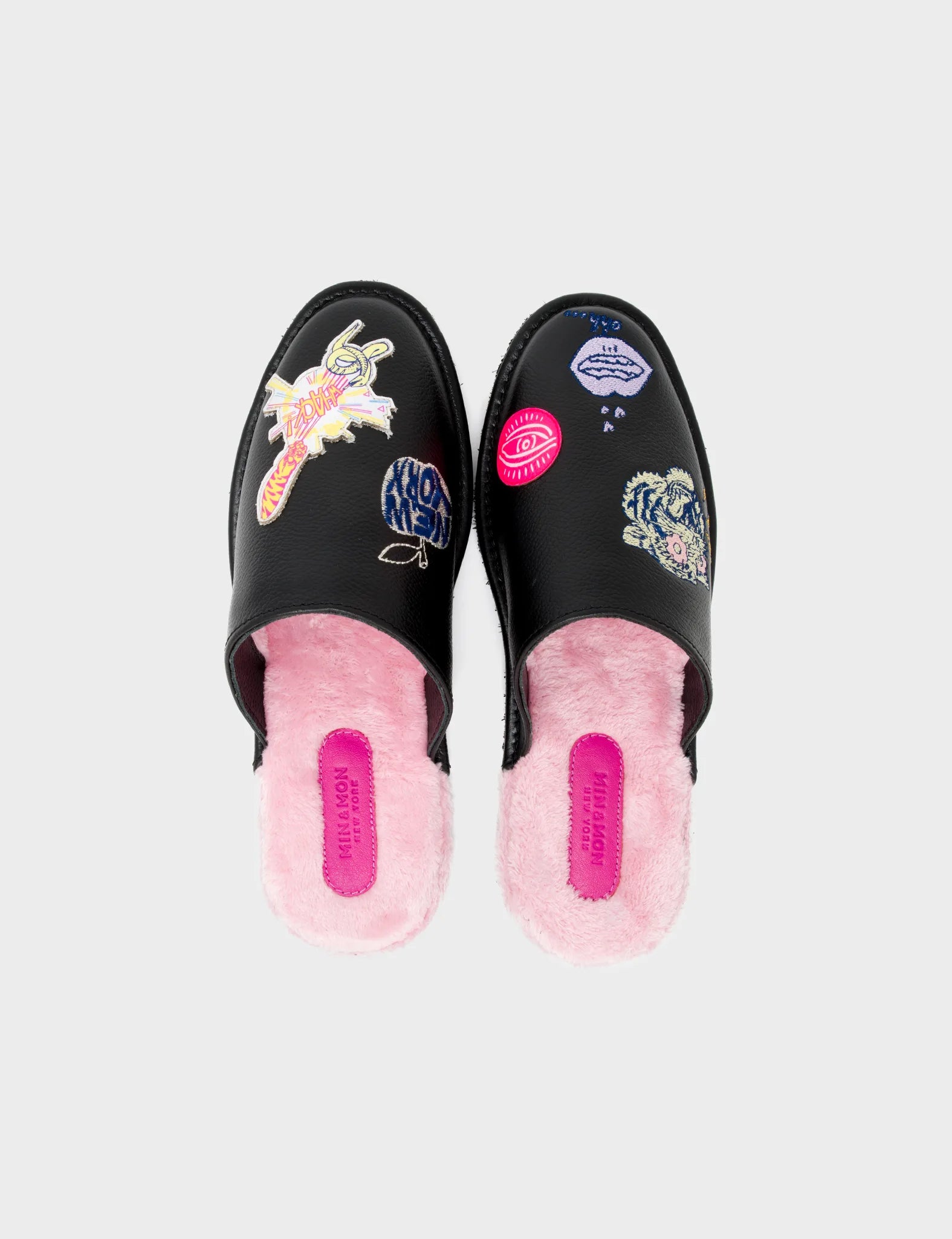  Black Leather Slippers - Tiger Power Embroidery - Top