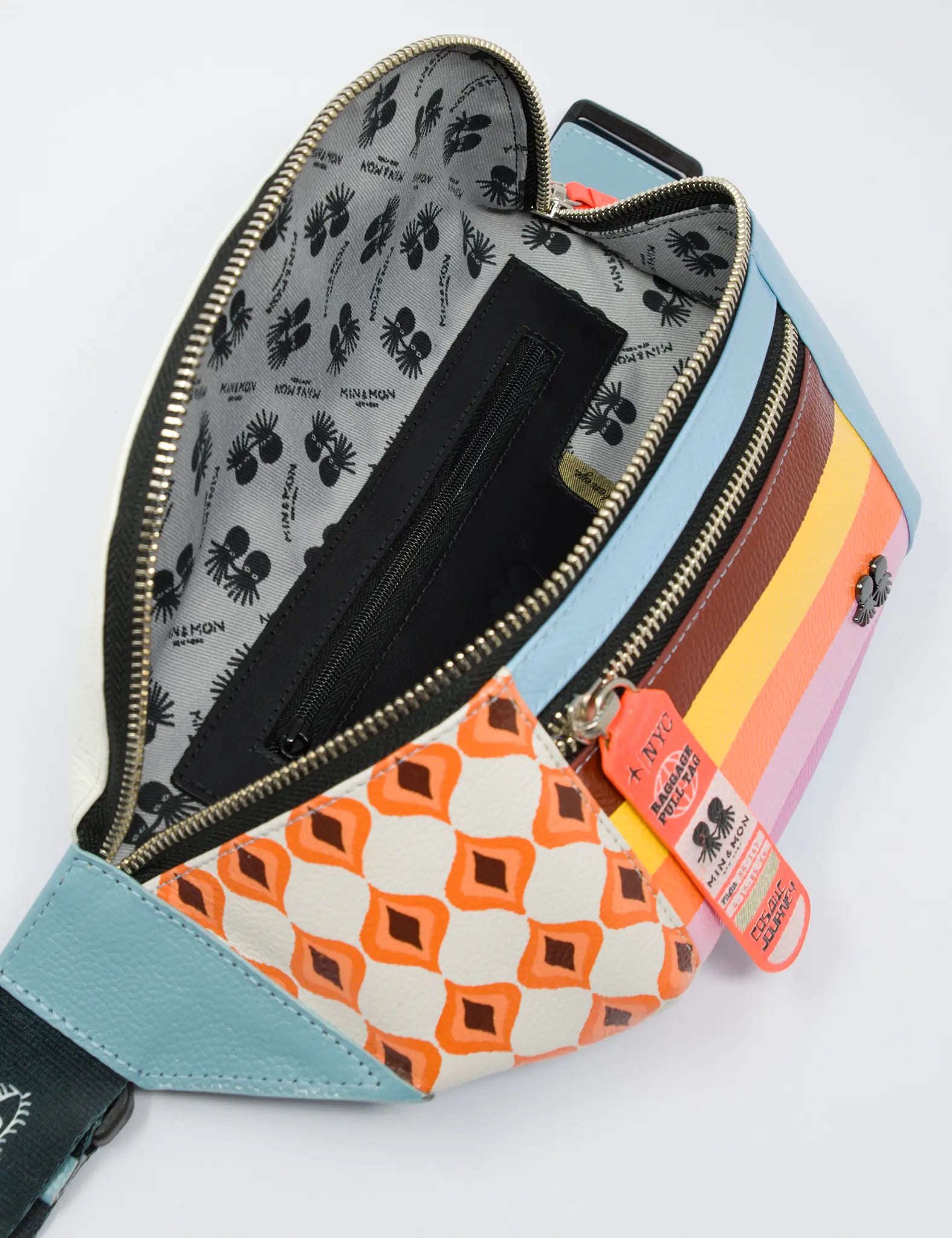 Bag Fanny Pack Cream And Blue Leather - Eyes Pattern Debossed - Side