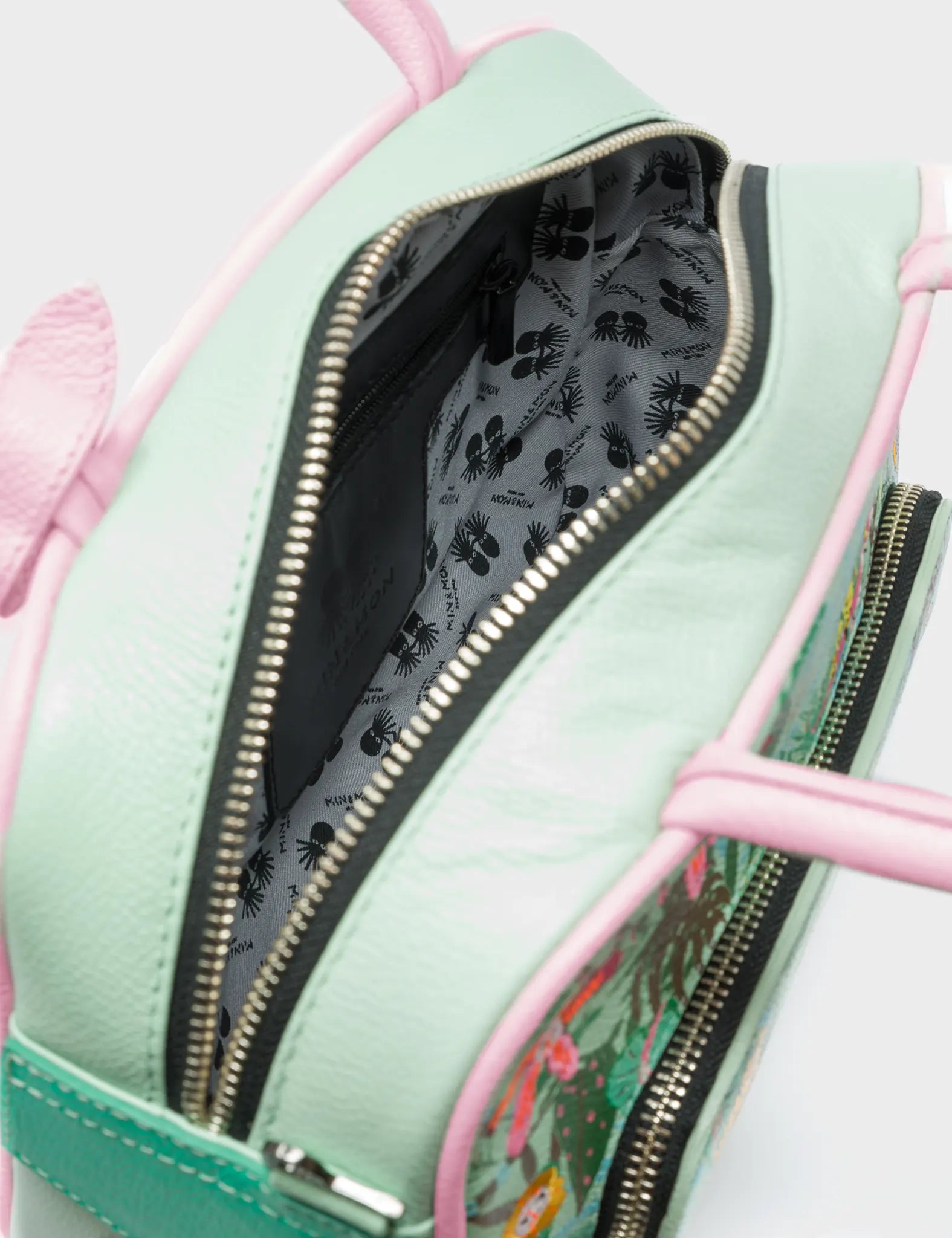 Marino Medium Crossbody Glacier Green Leather Bag - El Tropico Print & Embroidery Design - Inside