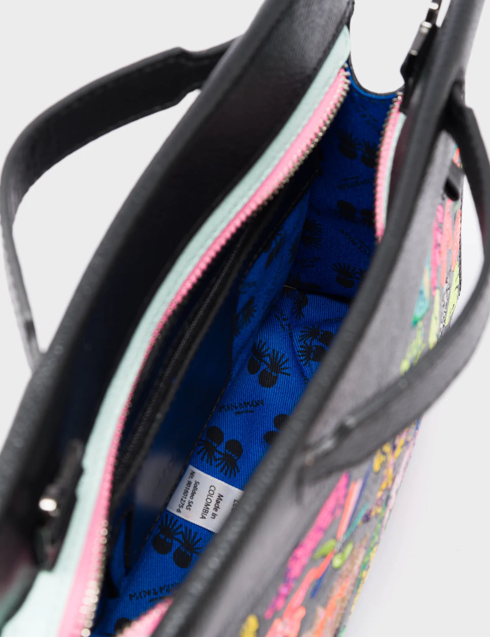 Vali Crossbody Small Black Leather Bag - El Tropico Print and Embroidery Design - Inside
