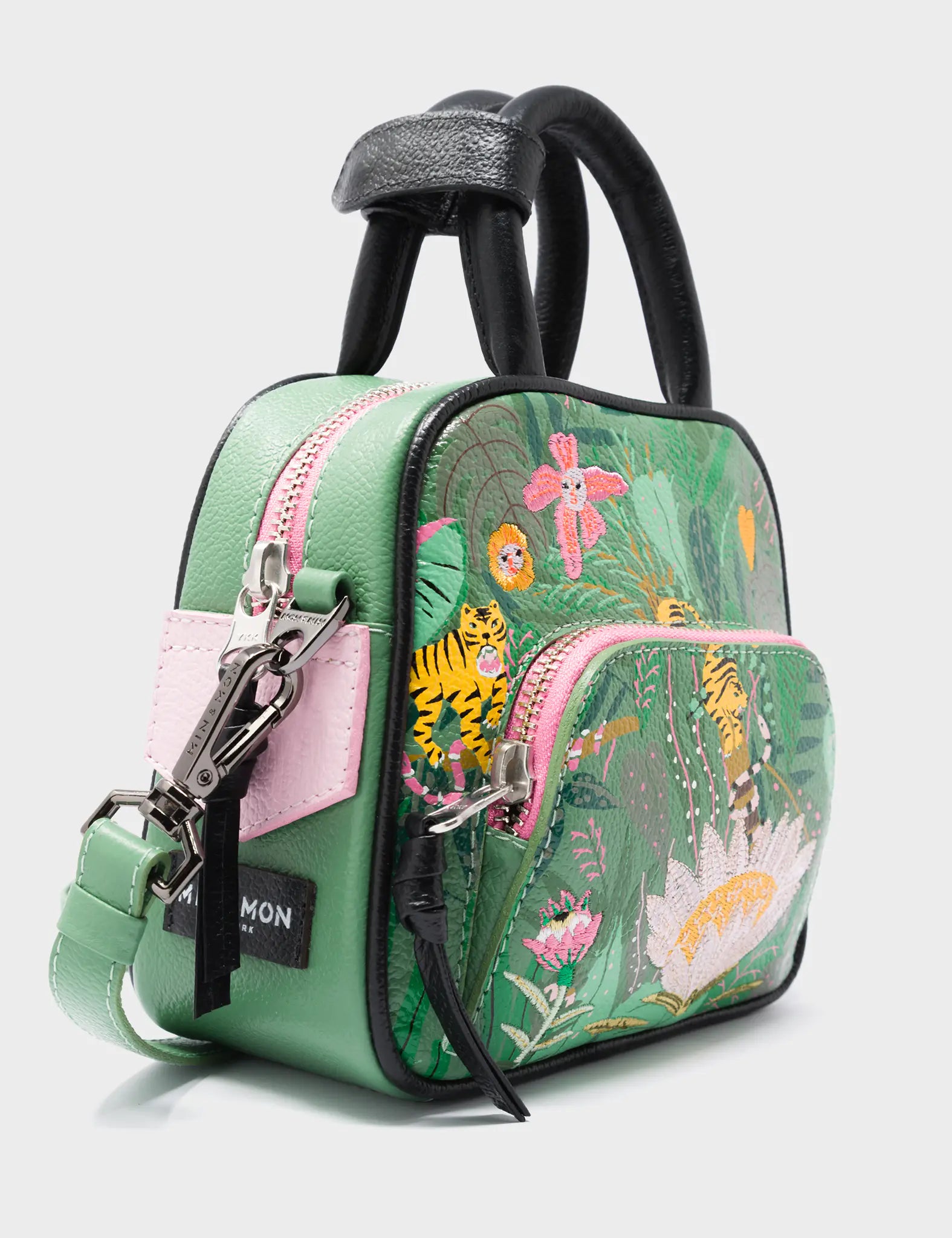 Marino Mini Crossbody Green Leather Bag - El Tropico Print & Embroidery Design - Side