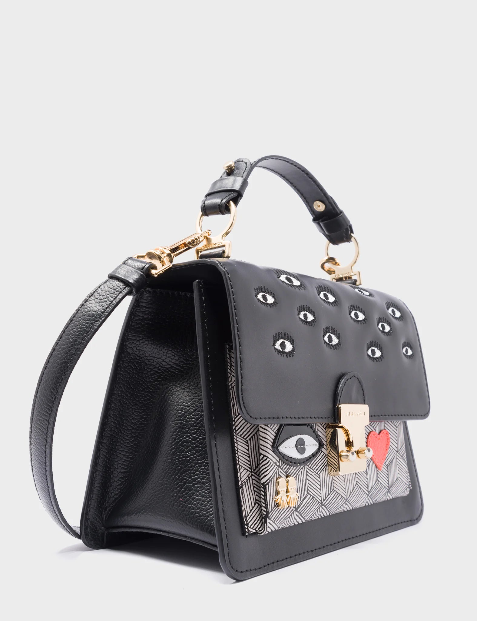 Silas Black Small Leather Crossbody Bag - Eyes Embroidery - Side detail 