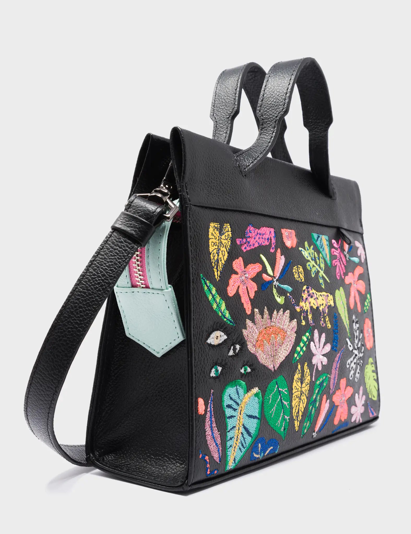 Vali Crossbody Small Black Leather Bag - El Tropico Print and Embroidery Design - Side 