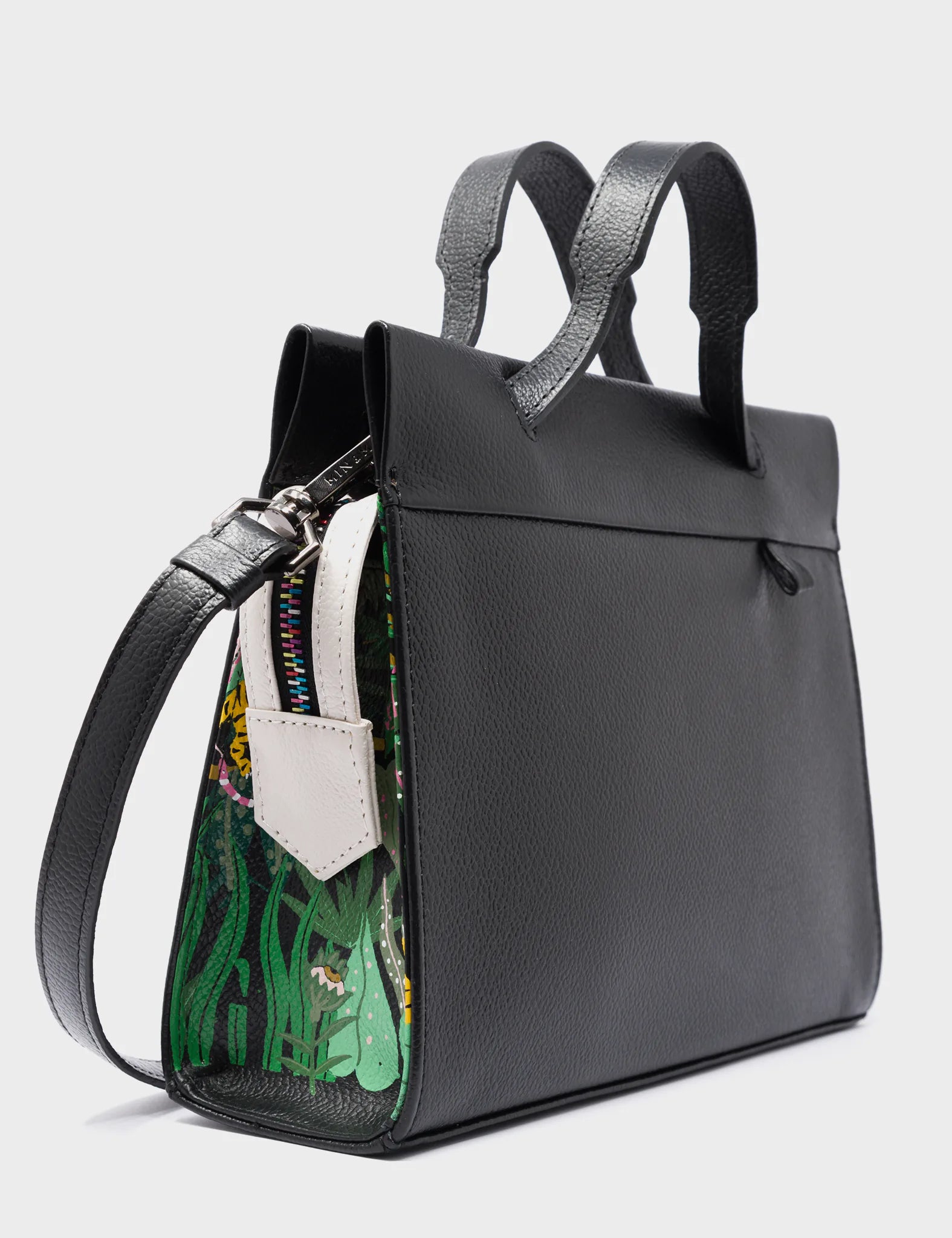 Vali Crossbody Small Black Leather Bag - El Tropico Print Design - Side