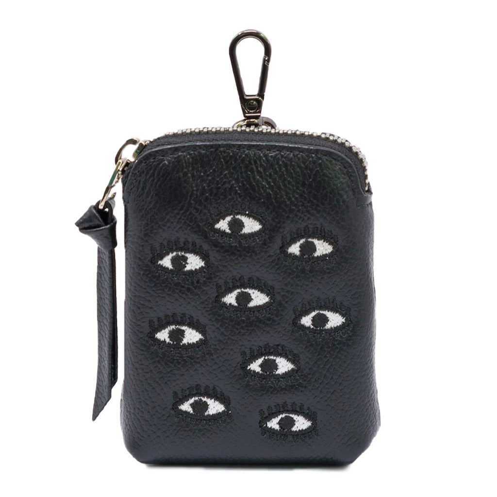 Florence Pouch Charm - Black Leather Keychain Eyes Embroidery