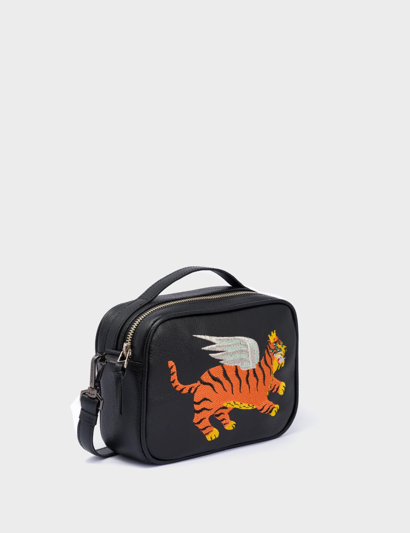 Black Leather Box Bag: Tiger Wings Embroidery | NYC Slow Fashion – Min & Mon