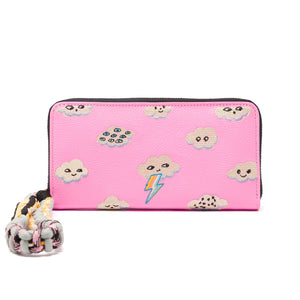 Francis Bubblegum Pink Leather Wallet - Happy Clouds Embroidery