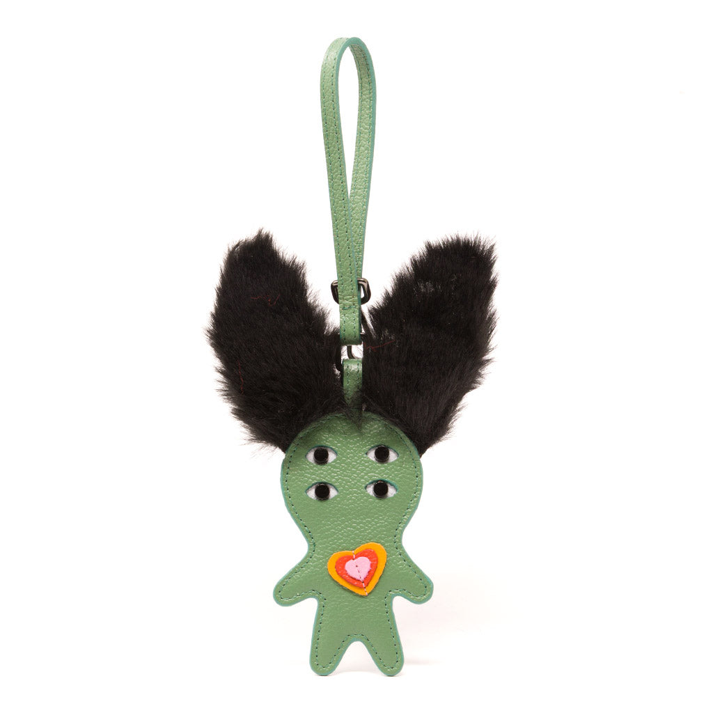 Fluffy Fella Charm - Black and Basil Green Leather Bag Charm – Min
