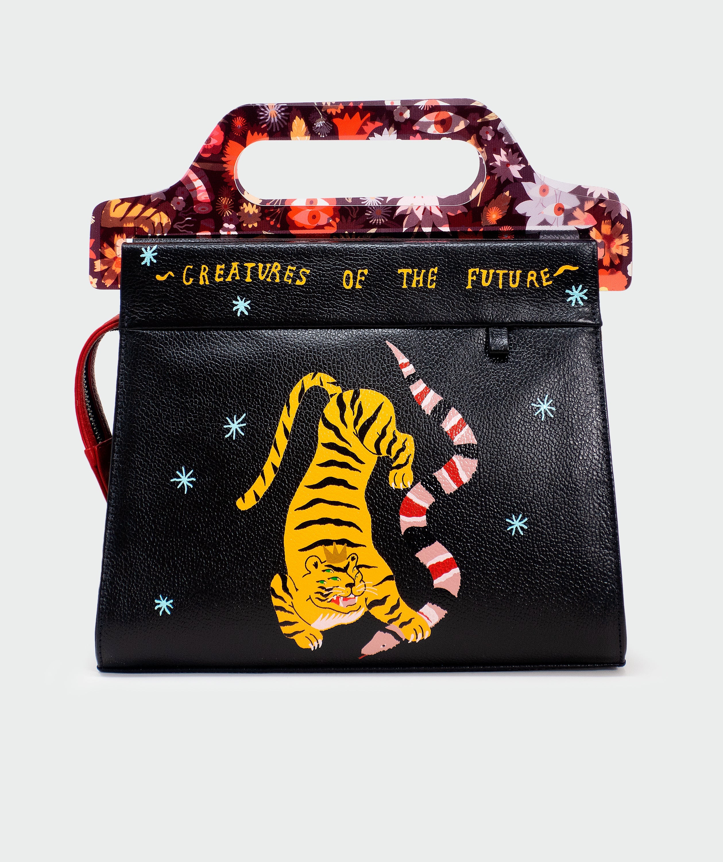 Vali Black Leather Crossbody Handbag Plastic Handle - Tiger And Snake Print -  Front view