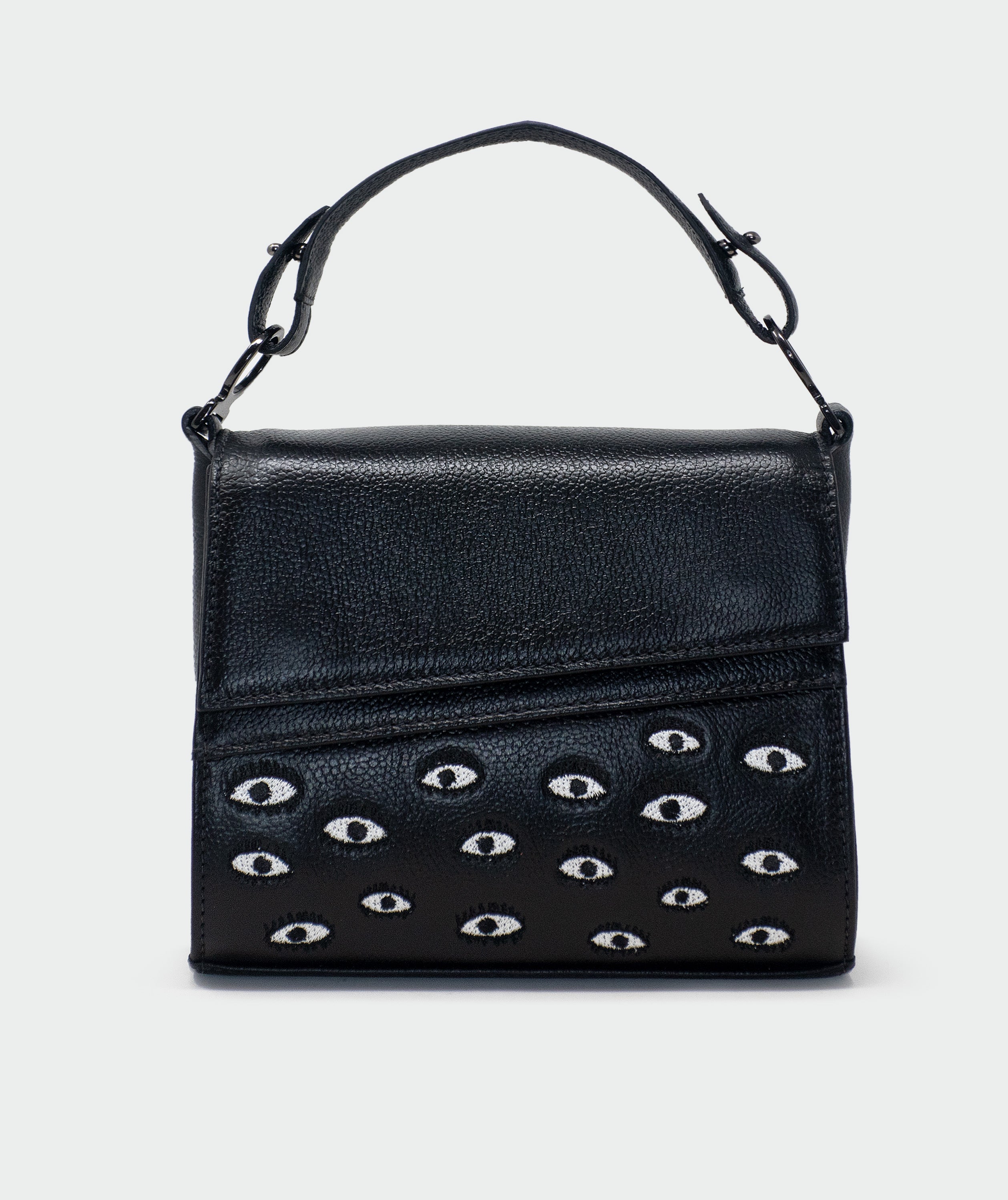 Anastasio Micro Crossbody Handbag Black Leather - Eyes Embroidery Print - Front view