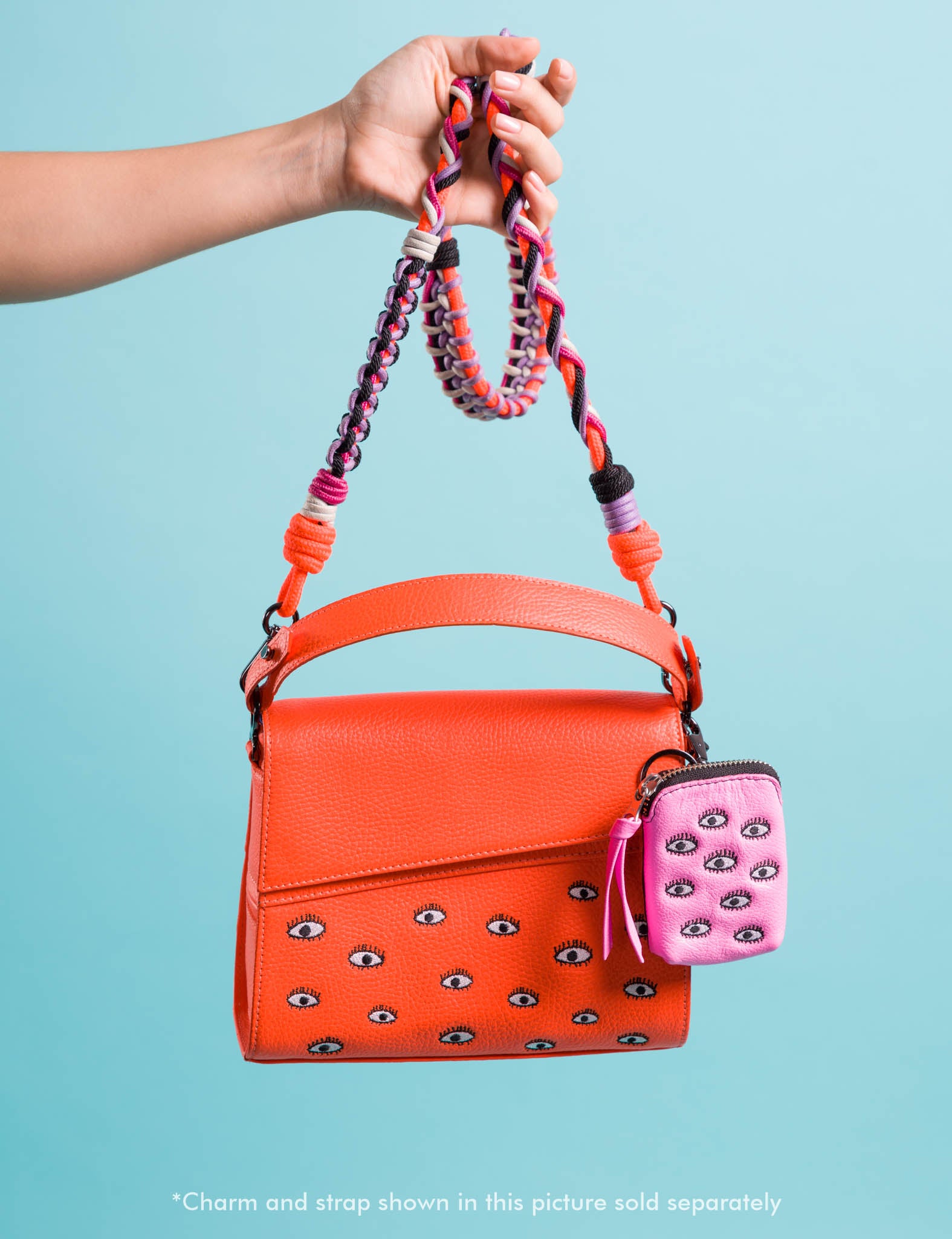 Anastasio Crossbody Handbag - Neon Orange Leather All Over Eyes Embroidery 