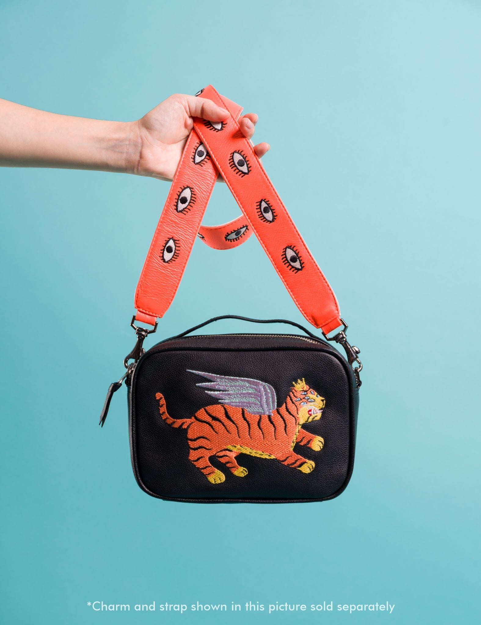 Black Leather Box Bag: Tiger Wings Embroidery | NYC Slow Fashion - Personalize with orange strap 