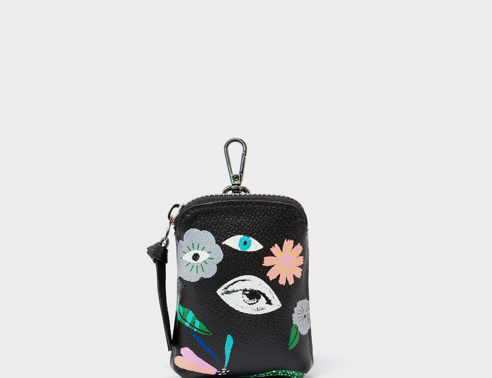 Florence Pouch Charm - Black Leather Keychain Floralia Print - Front