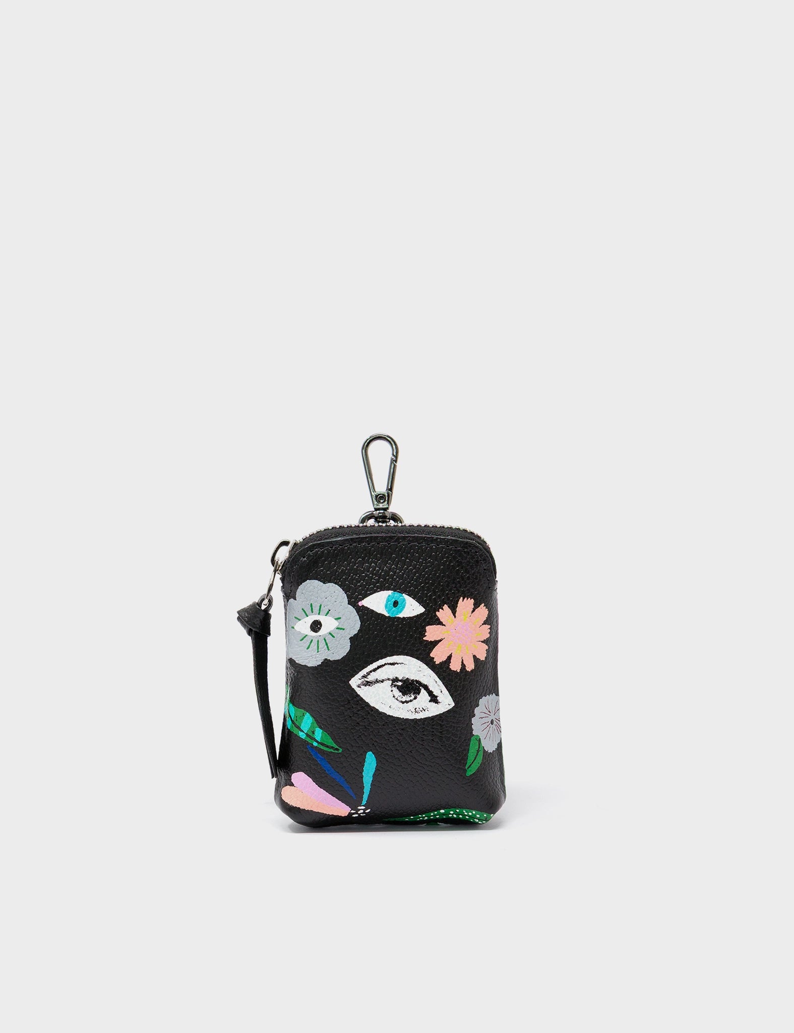 Florence Pouch Charm - Black Leather Keychain Floralia Print - Front