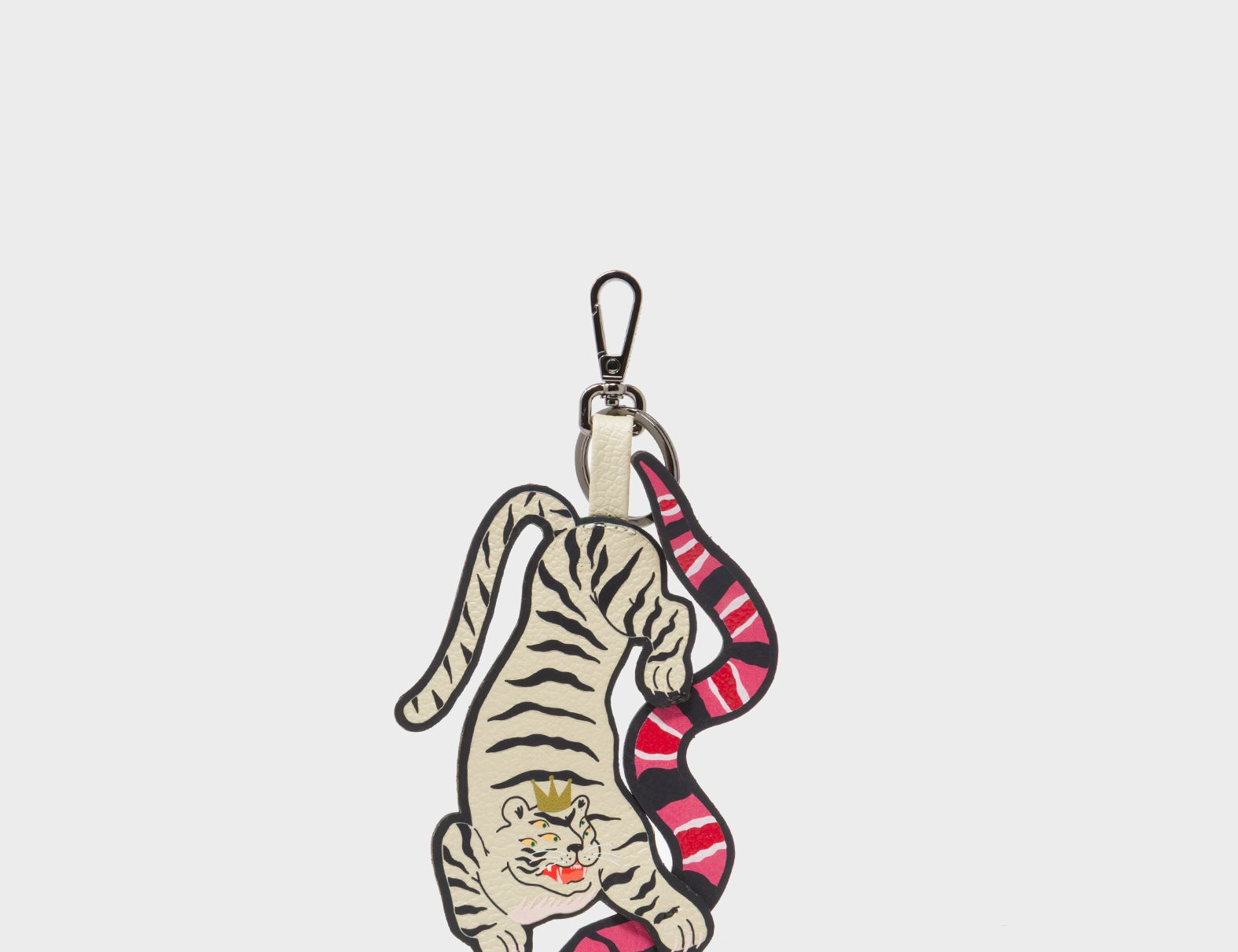 Tiger and Snake Charm - Gravel Beige Leather Keychain - Front