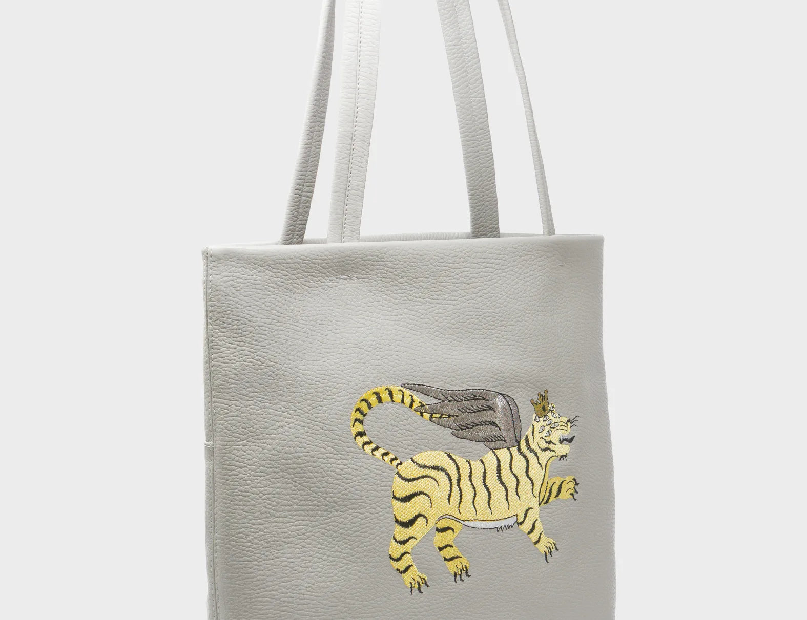 Matt Moonwalk Gray Leather Tote Bag - Winged Tiger Embroidery