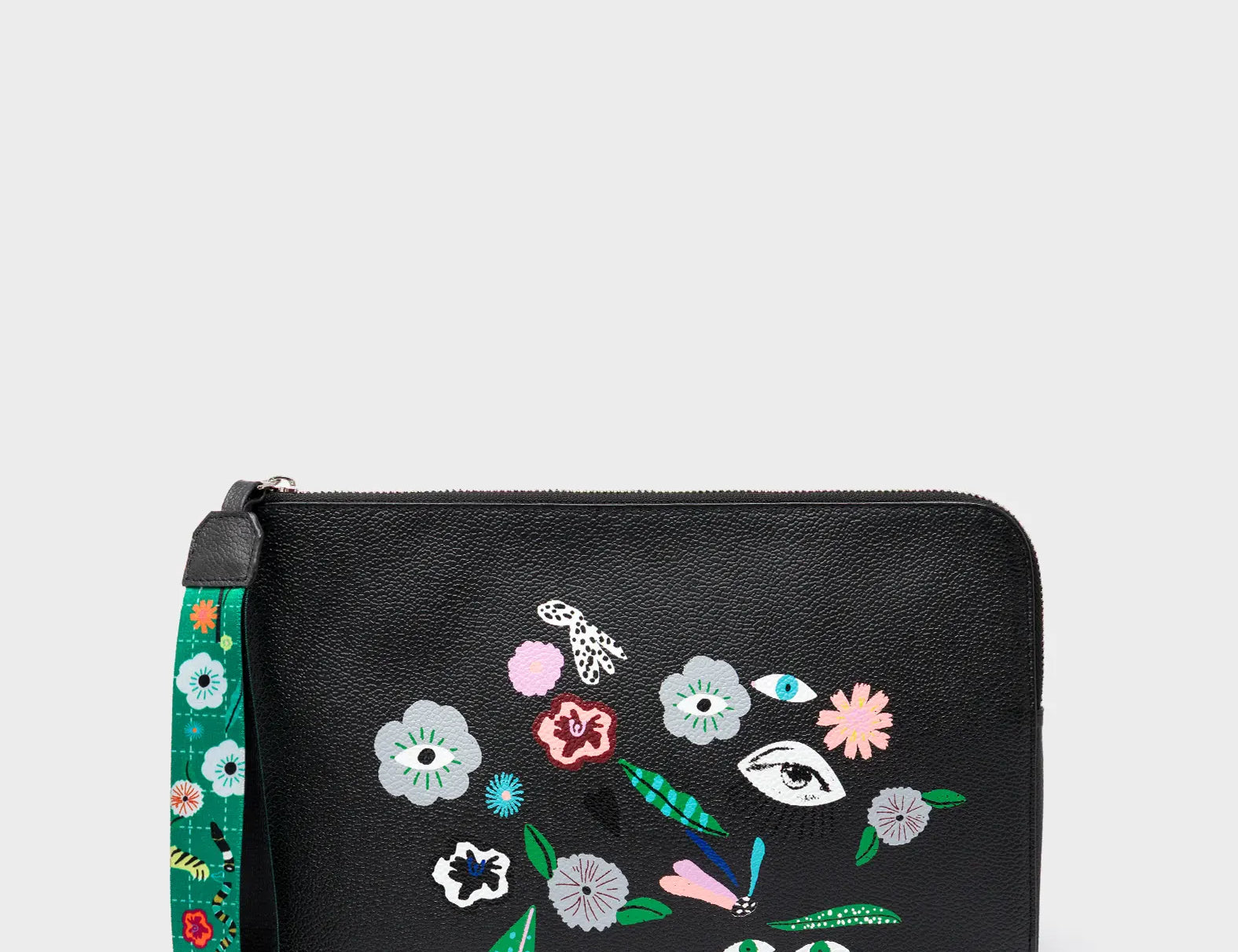 Fidelio Black Leather Pouch - Floralia Print - Front
