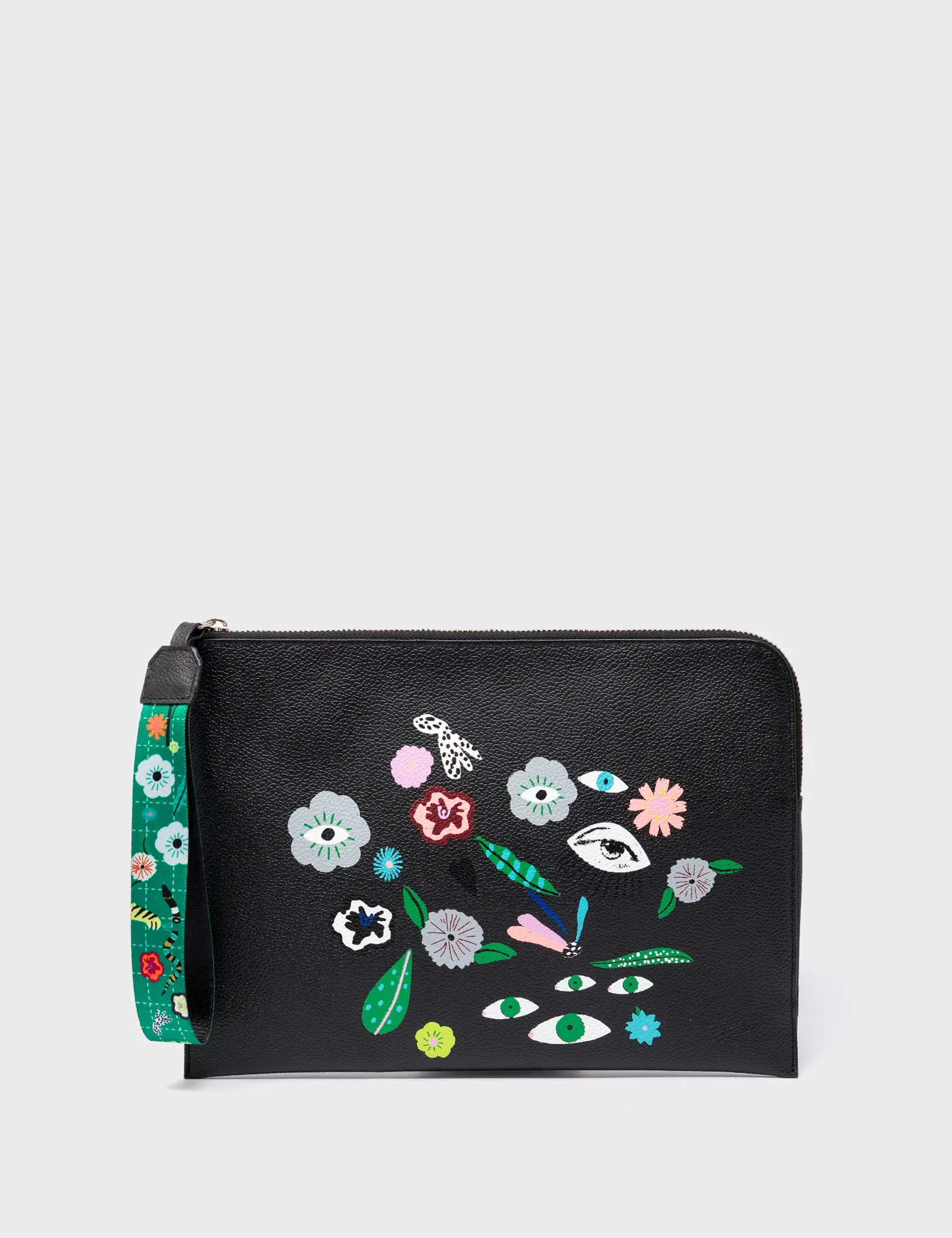 Fidelio Black Leather Pouch - Floralia Print - Front