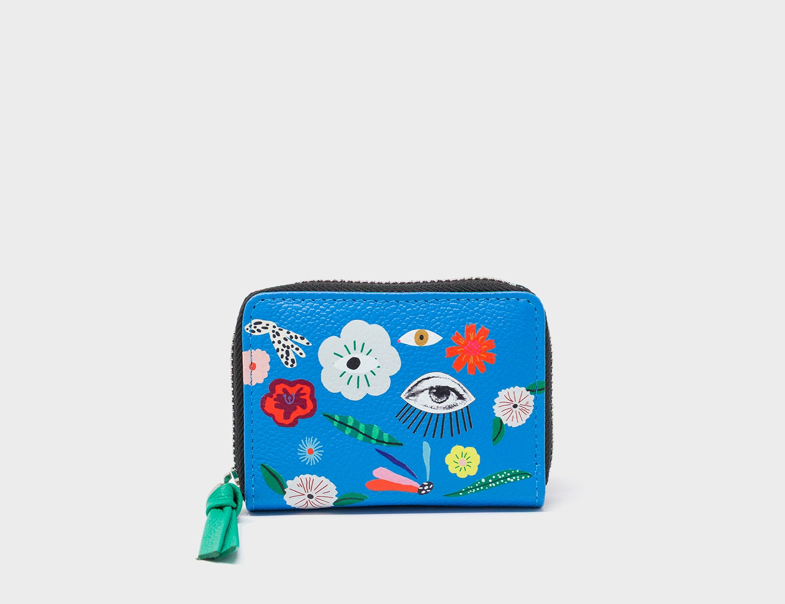 Frodo Ibiza Blue Leather Zip Around Wallet - Floralia Print - Front