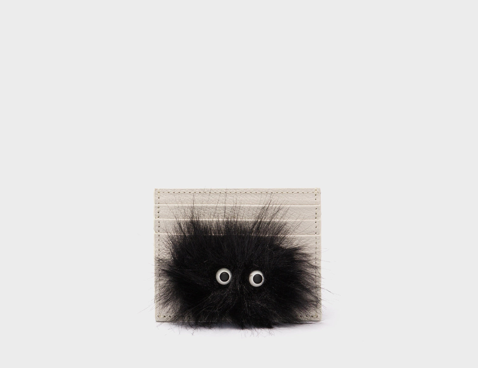 Felix Cream and Black Leather Cardholder - Fuzzy Monster Applique - Front