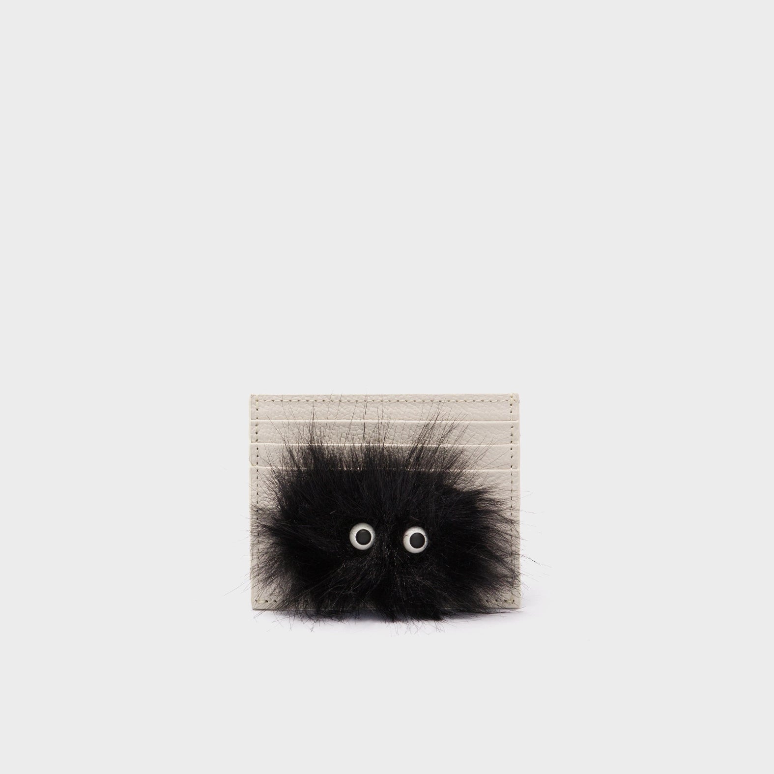 Felix Cream and Black Leather Cardholder - Fuzzy Monster Applique - Front