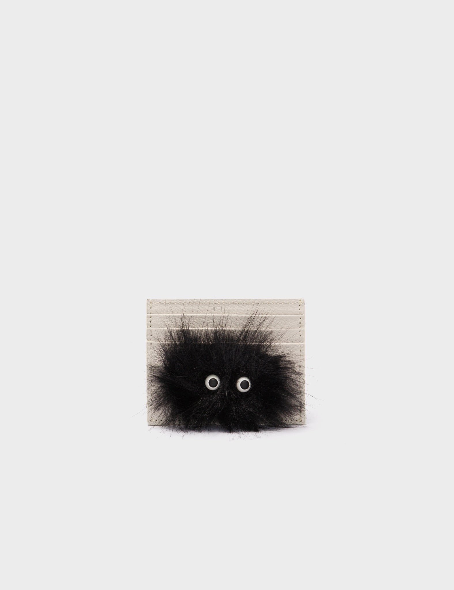 Felix Cream and Black Leather Cardholder - Fuzzy Monster Applique - Front