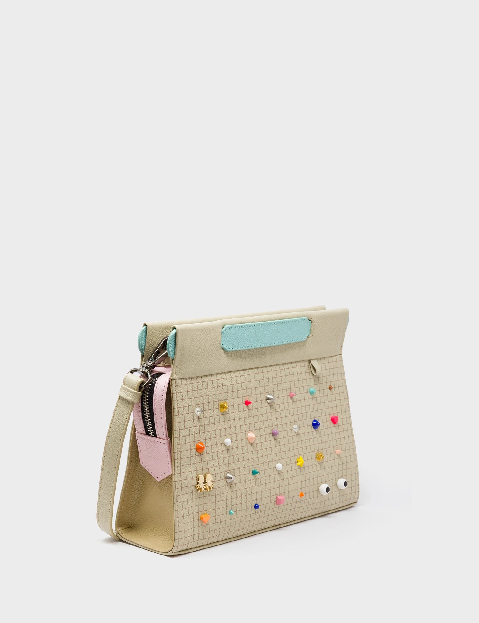 Vali Crossbody Gravel Beige Leather Bag - Studs Pattern - Main