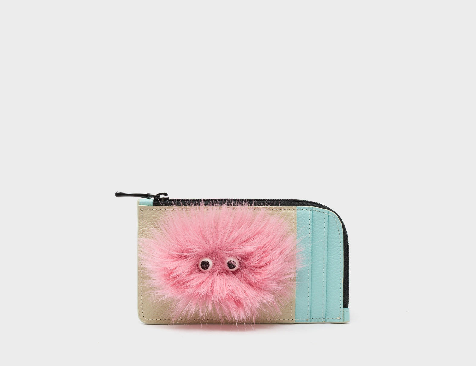 Fausto Gravel Leather Zip-around Cardholder - Fuzzy Monster Applique - Front
