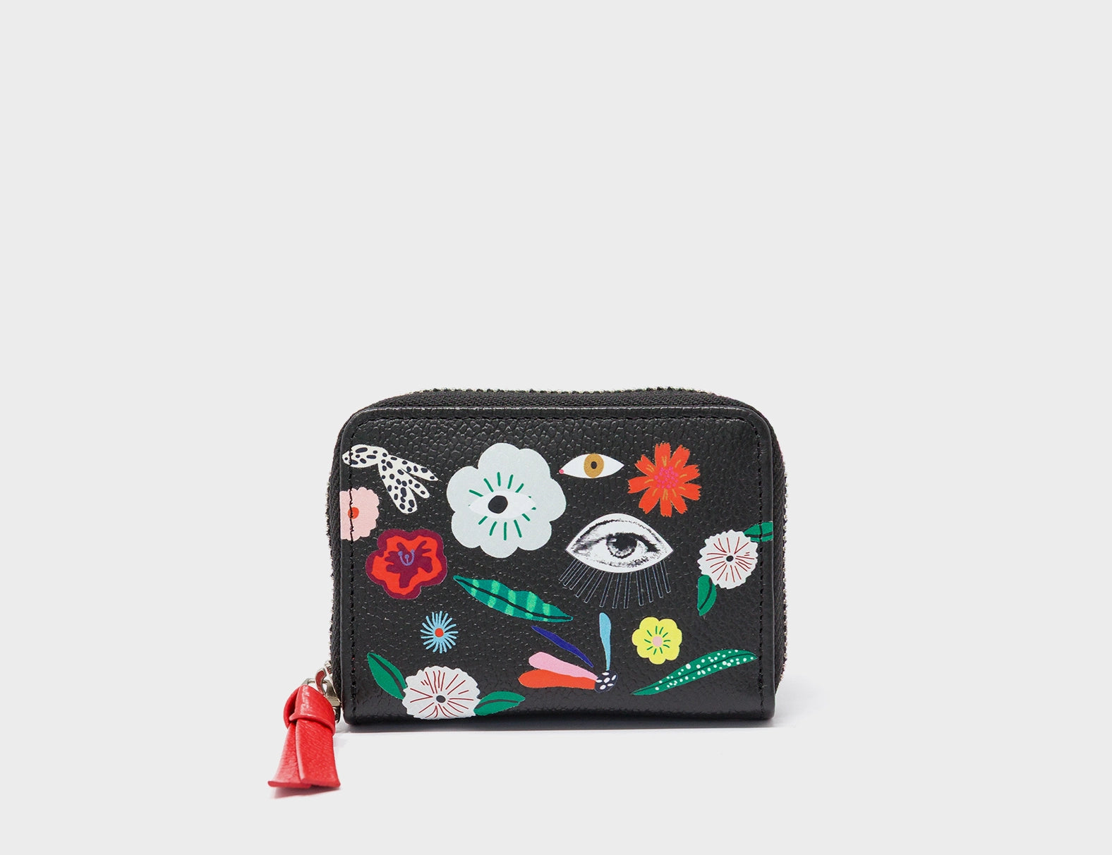 Frodo Black Leather Zip Around Wallet - Floralia Print - Front