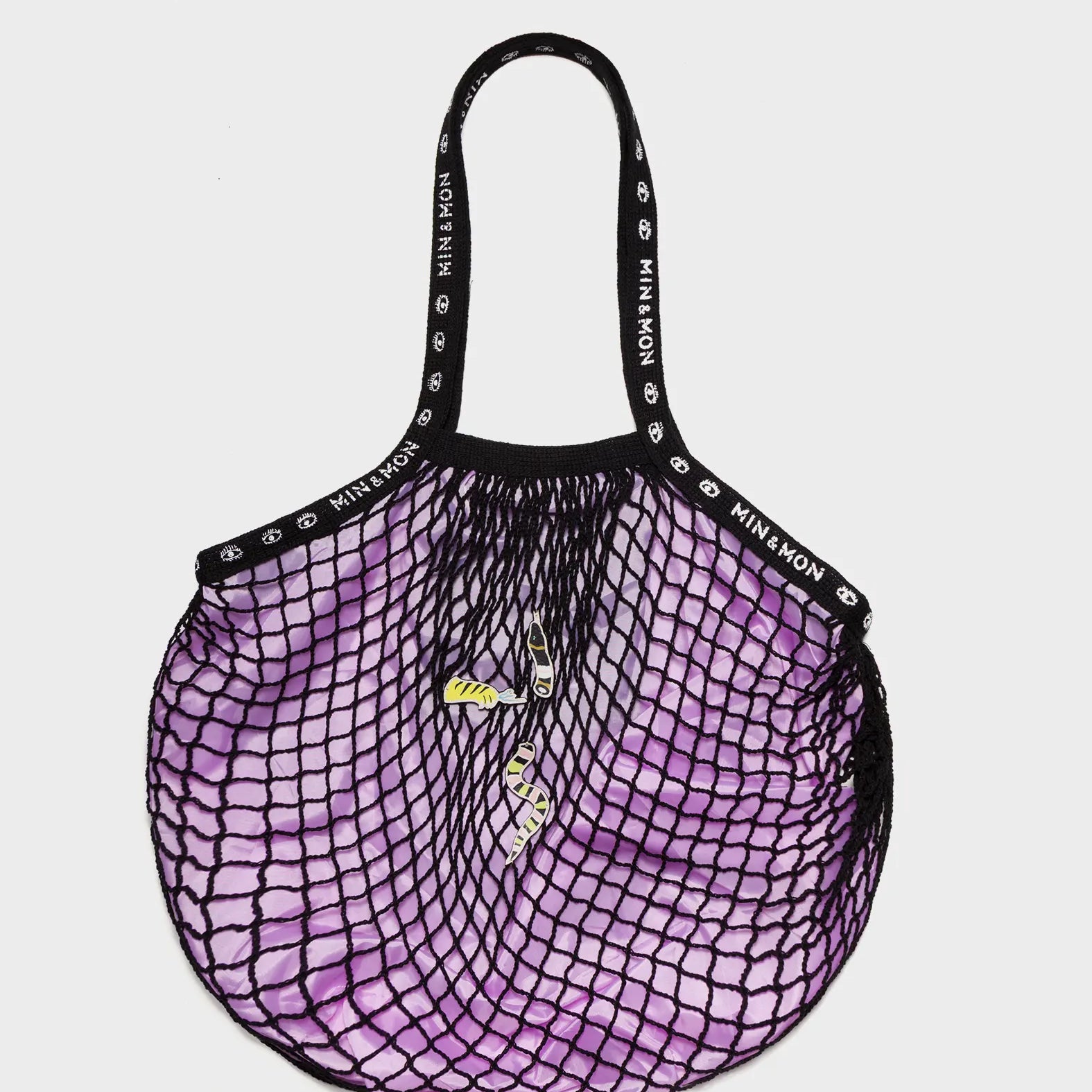 Black and Pink Mesh Bag - Paw and Snake Appliques - Front