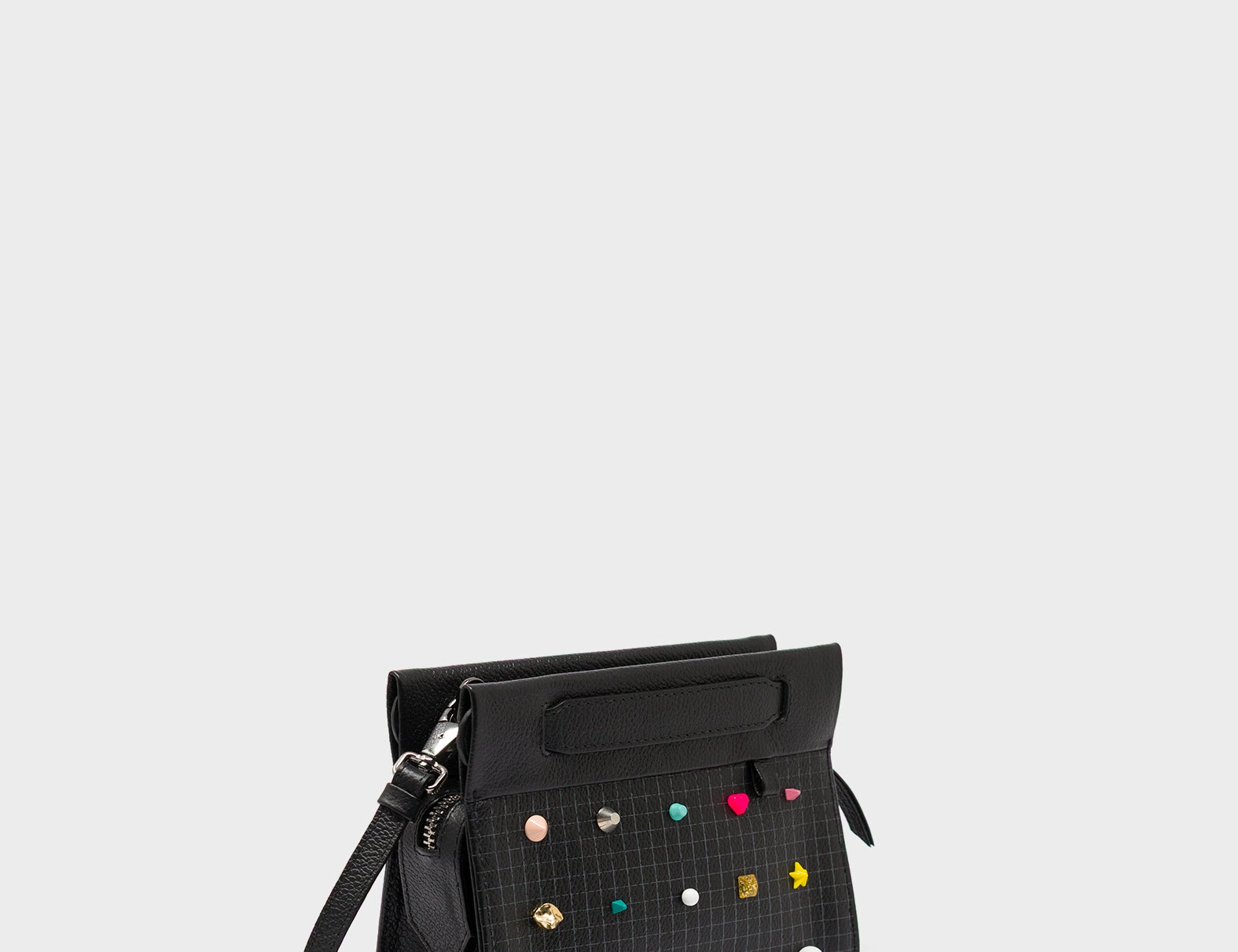 Vali Crossbody Micro Black Leather Bag - Studs Adjustable Handle - Main 